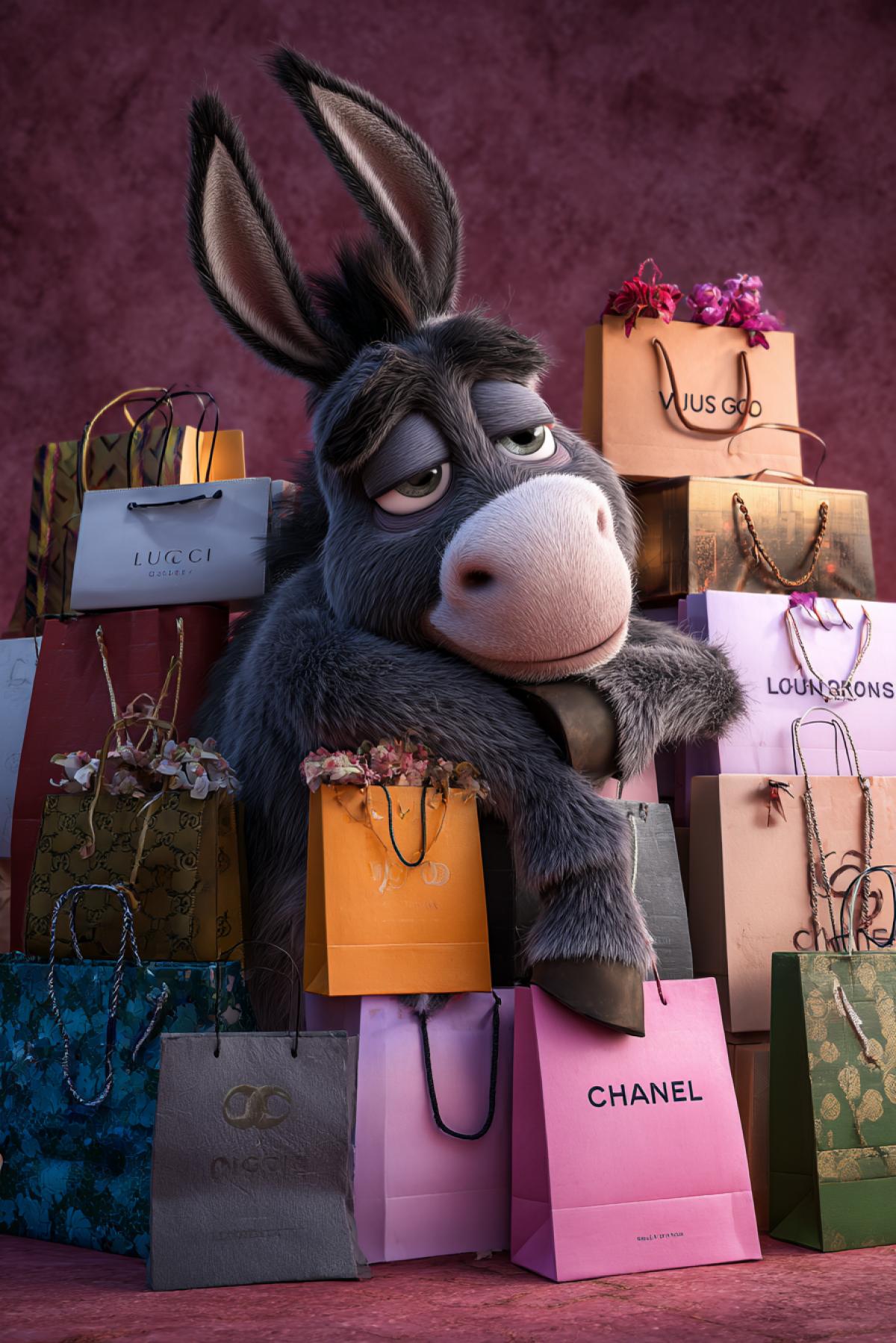 A cute exhausted donkey collapsed under a big pile of shopping bags from luxury brands (Gucci, Louis Vuitton, Chanel). Disney animation style, expressive sad eyes, dramatic posing, humorous yet tragic atmosphere, detailed textures, vibrant colors.