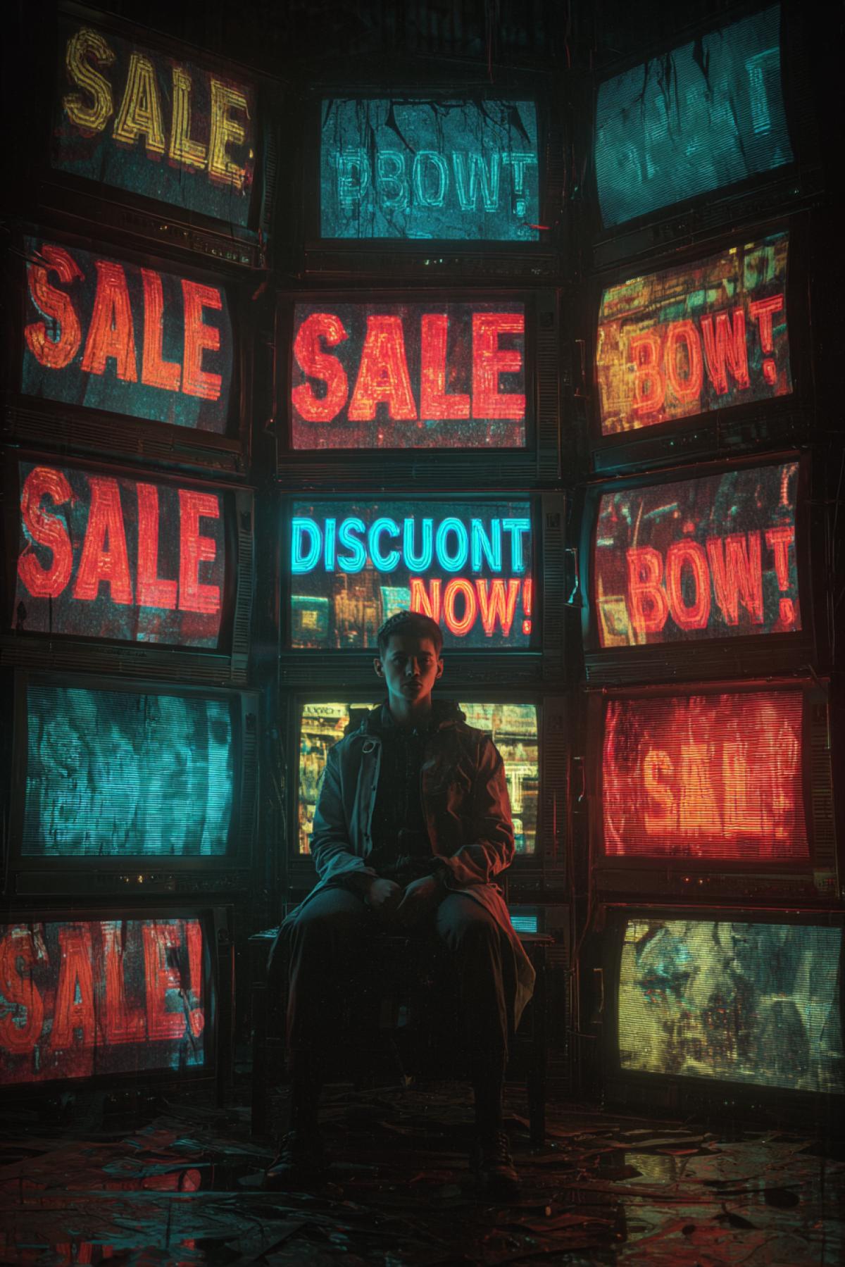 A man sits in a dark room, surrounded by a wall of monitors. Each screen displays aggressive advertisements with large bold text: \"SALE\", \"DISCOUNT\", \"BUY NOW!\". The man looks overwhelmed, his face illuminated by the flickering screens. Cyberpunk atmosphere, neon glow, cinematic lighting.