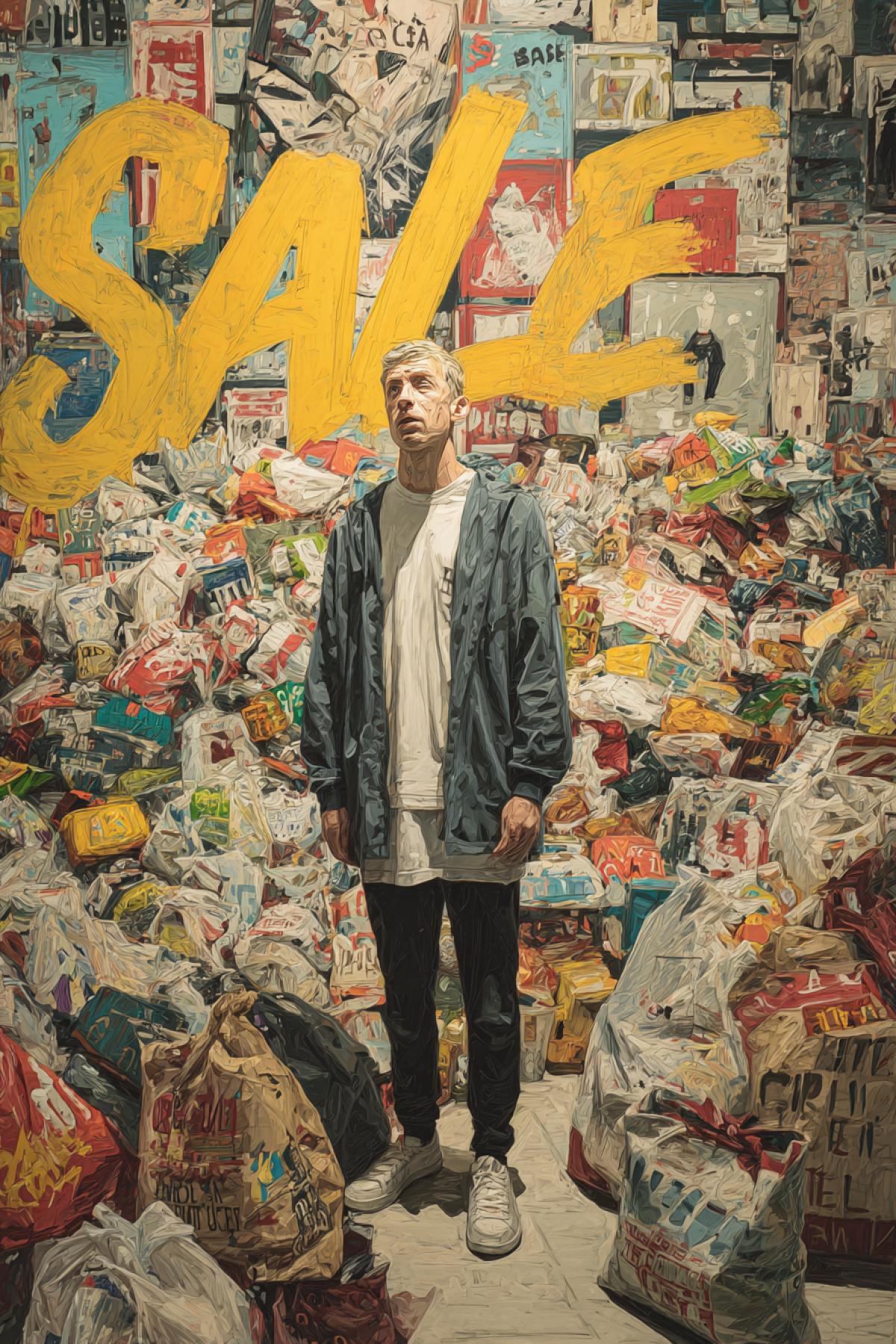 A man in a big supermarket with \"Sale\" inscriptions around the tonic, fullcolor art in the style of contemporary art, littered with bags with purchases