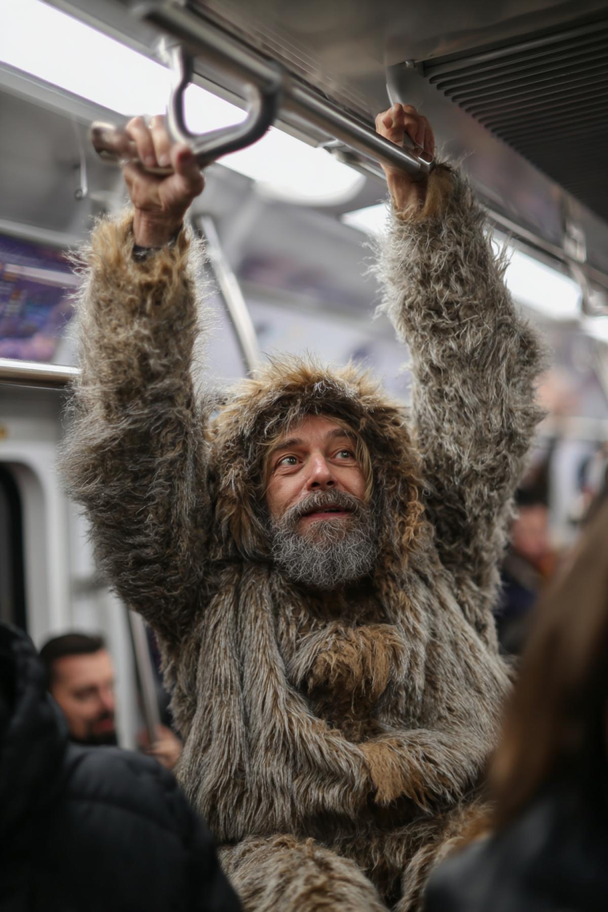 Crazy man wearing fur costume of monkey hanging hands and feet up on handrail in metro carriage among amazes people around high contrast full colour detailed photo