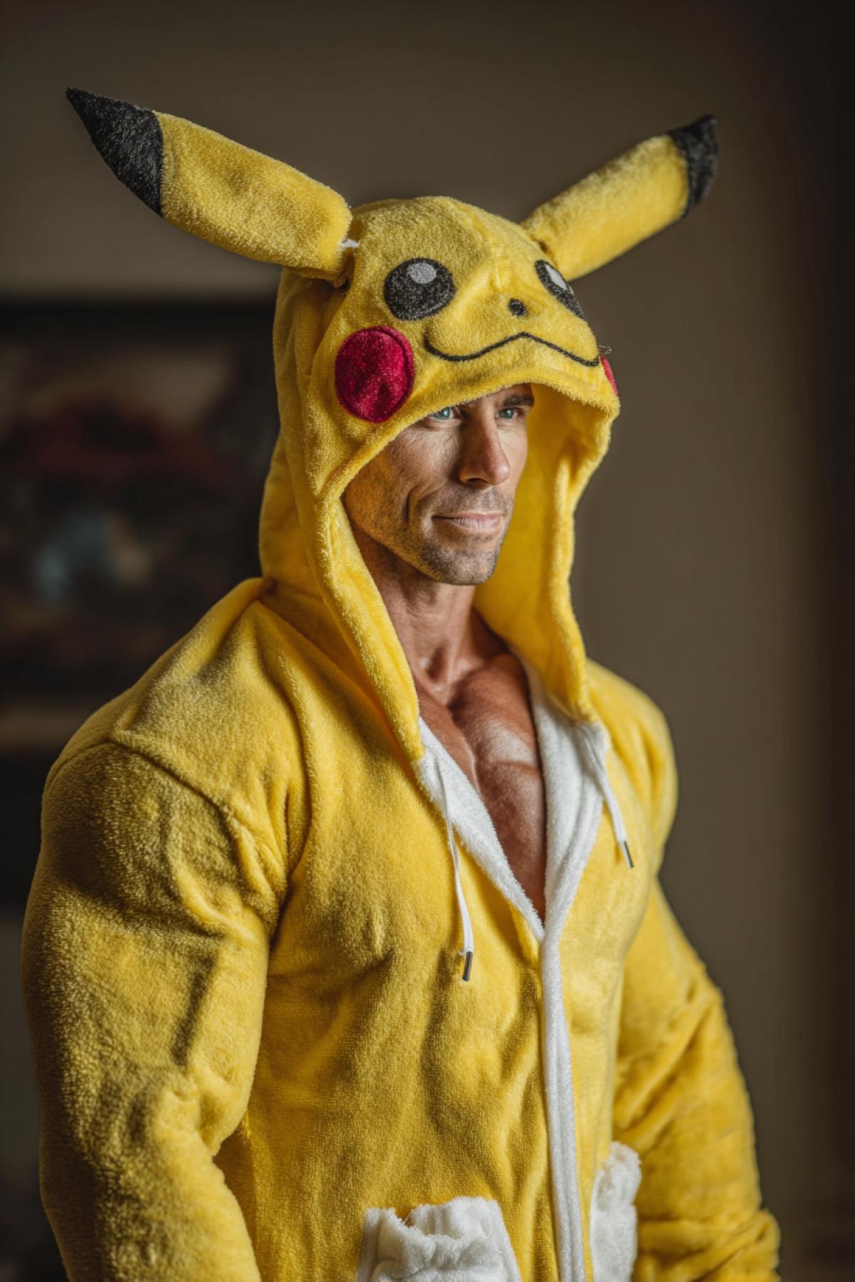 A hyper-realistic professional builder on stage at Mr. Olympia competition, wearing a full- Pikachu kigurumi costume.