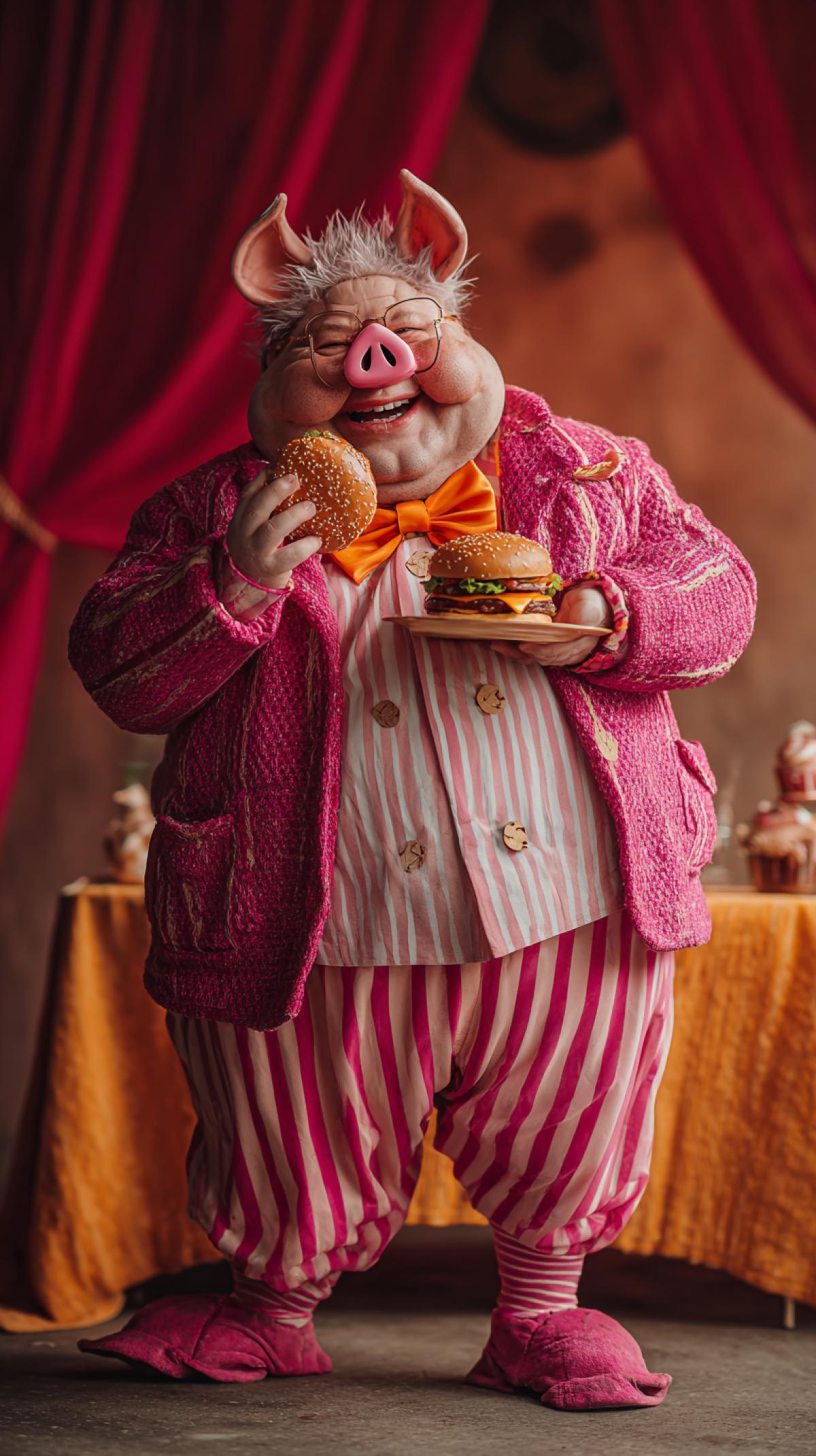The fat man in the costume of the piglet eats a big hamburger