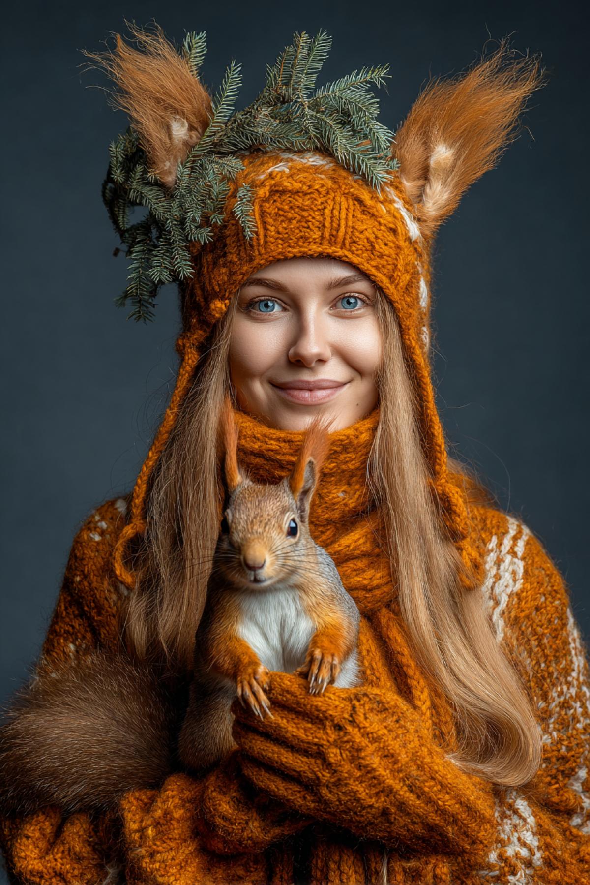 A woman in the image of an animal squirrel with a spruce bump in paws