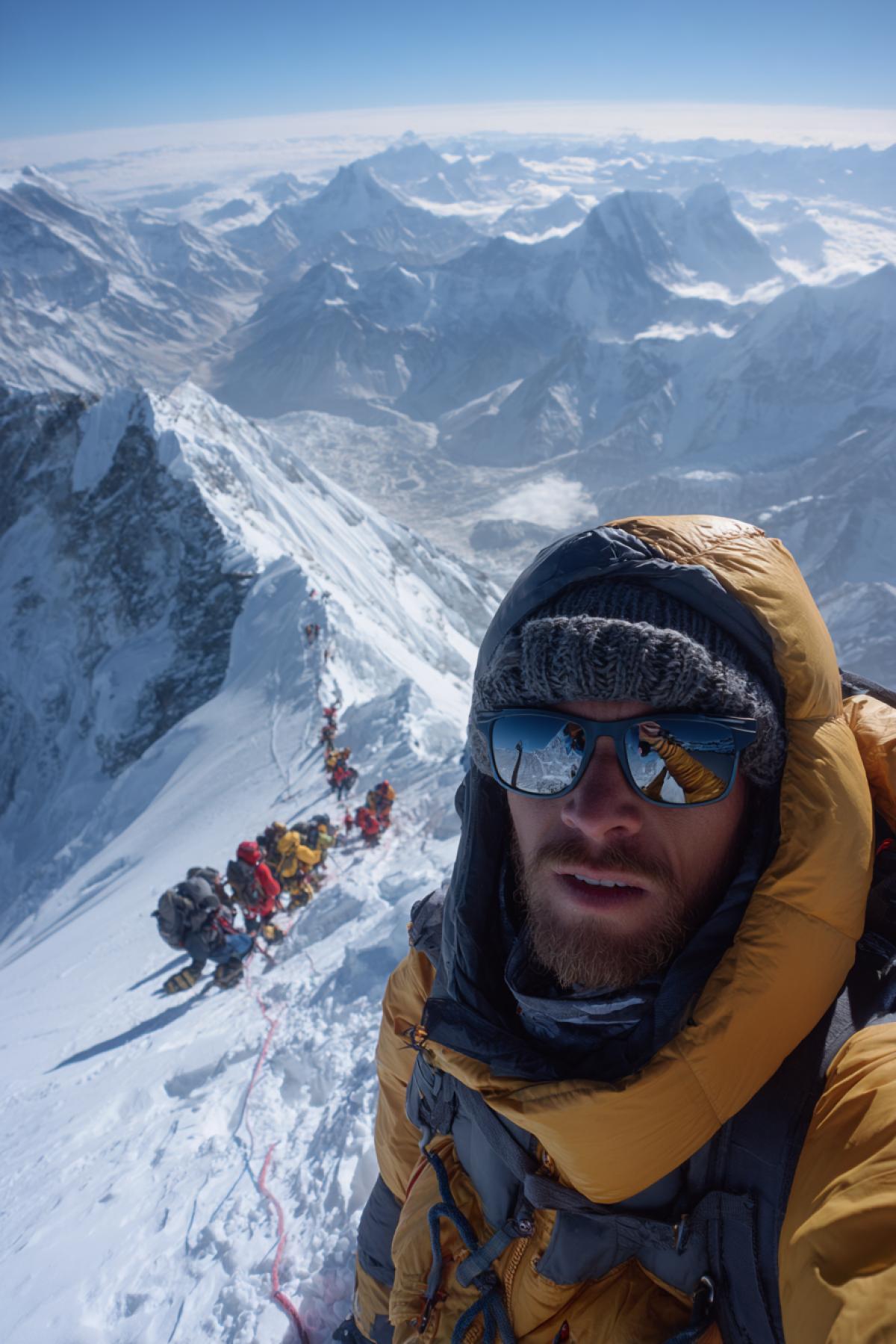 View from top of the Everest mountain down at climbers figure on rope and his face wearing sunglasses looking up he climbs last inches to the top we see the breathtaking view at valleys far beyond and at neighbouring mounts approach to victory detailed photo