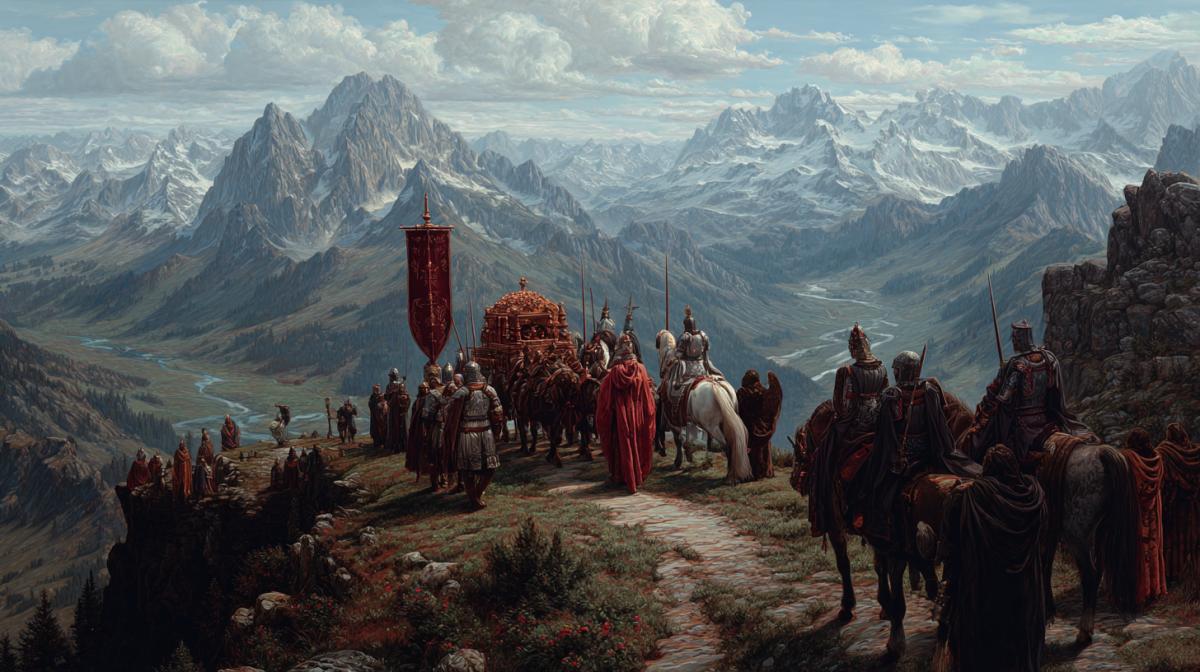 The king is carried on the throne-carriers of the servants to the top of the mountains, the Middle Ages