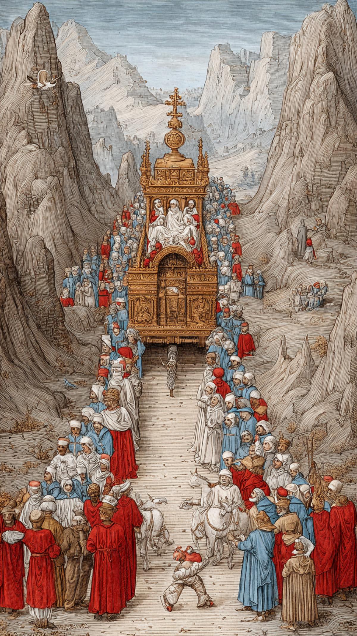 The king is carried on the throne-carriers of the servants to the top of the mountains, the Middle Ages