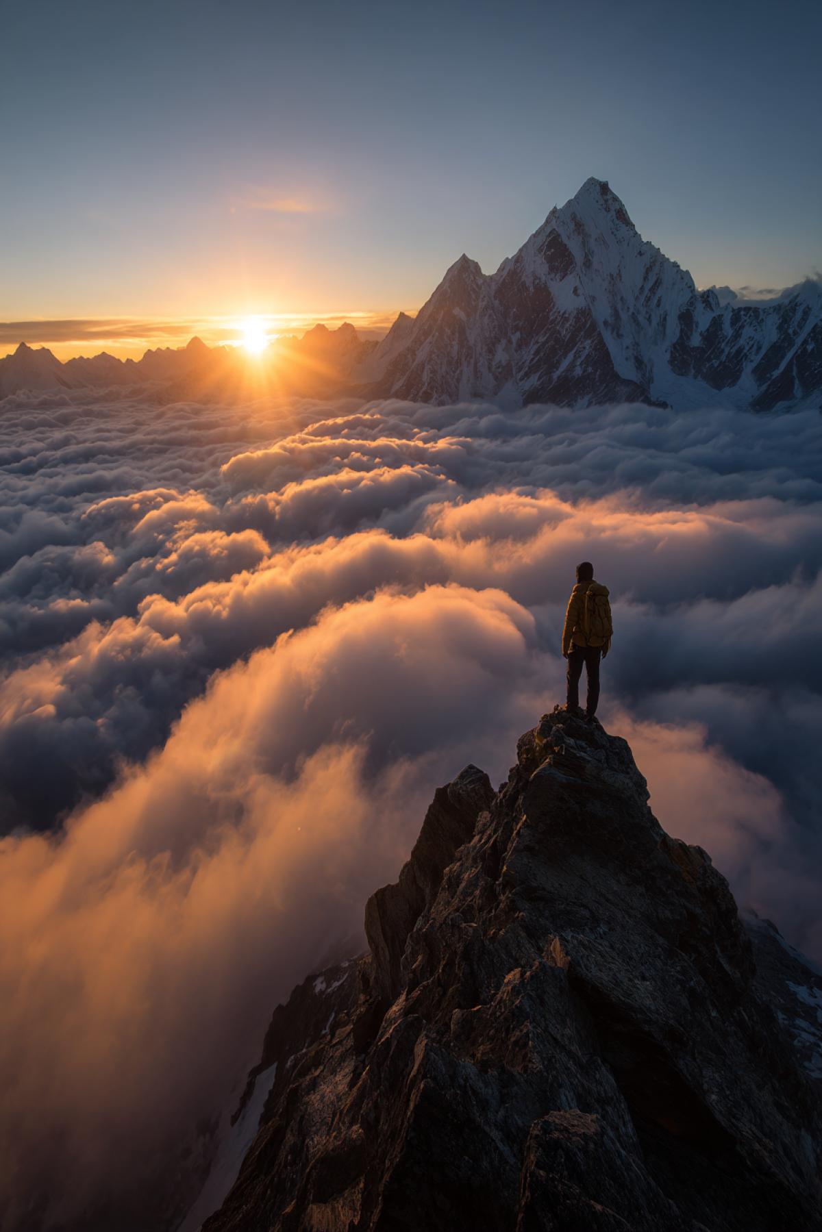 Epic wide-angle shot from a low perspective of a lone climber reaching the summit. They are silhouetted against a breathtaking sea of clouds at their feet, illuminated by the powerful golden light of the rising sun. The jagged peak of the mountain pierces the sky. The climber is tiny against the immense scale of the Himalayas. Cinematic, photorealistic, awe-inspiring, vast scale, sense of achievement, triumphant, god rays, ultra-detailed, 8k, masterpiece, sharp focus
