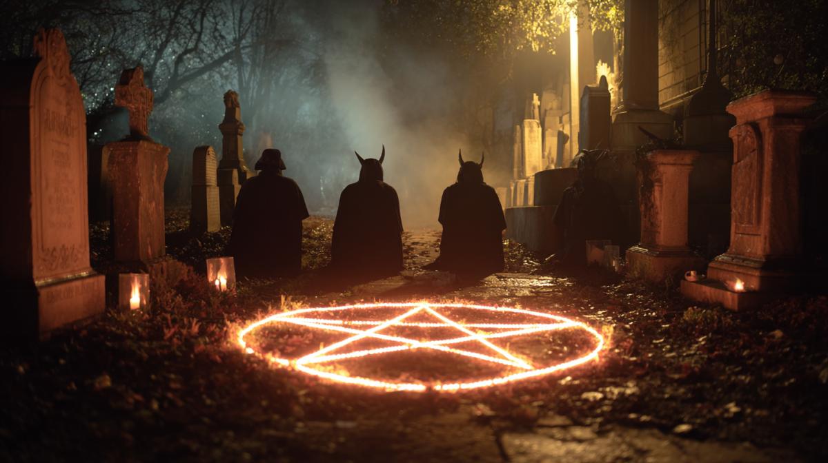 Satanists conduct a ritual in a cemetery, a pentagram