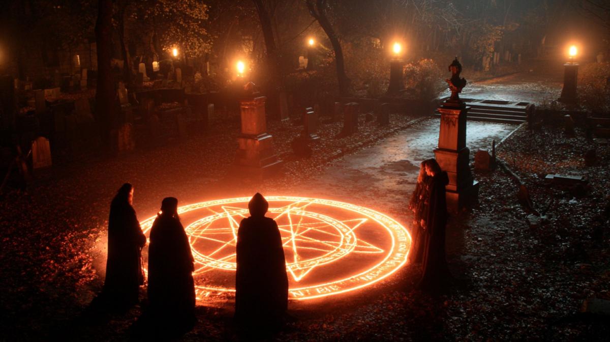 Satanists conduct a ritual in a cemetery, a pentagram