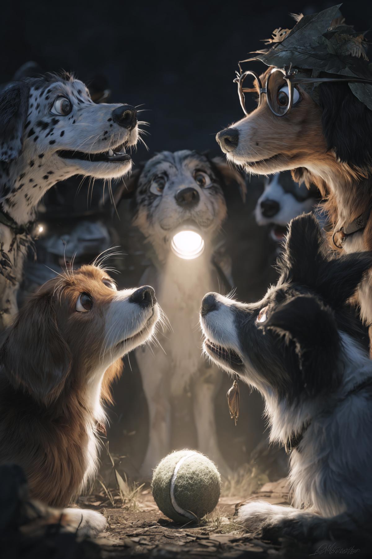 A secret meeting of a dog community at night in a backyard. A group of 5 dogs of different breeds gathered in a circle around a single flashlight illuminating their faces from below. In the center lies an important \"artifact\" a slightly chewed tennis ball. They are whispering to each other. One dog wears glasses made of twigs, another has a leaf as a hat. Photorealistic, cinematic lighting, dark but warm atmosphere, sense of adorable conspiracy and fun, highly detailed, 8k
