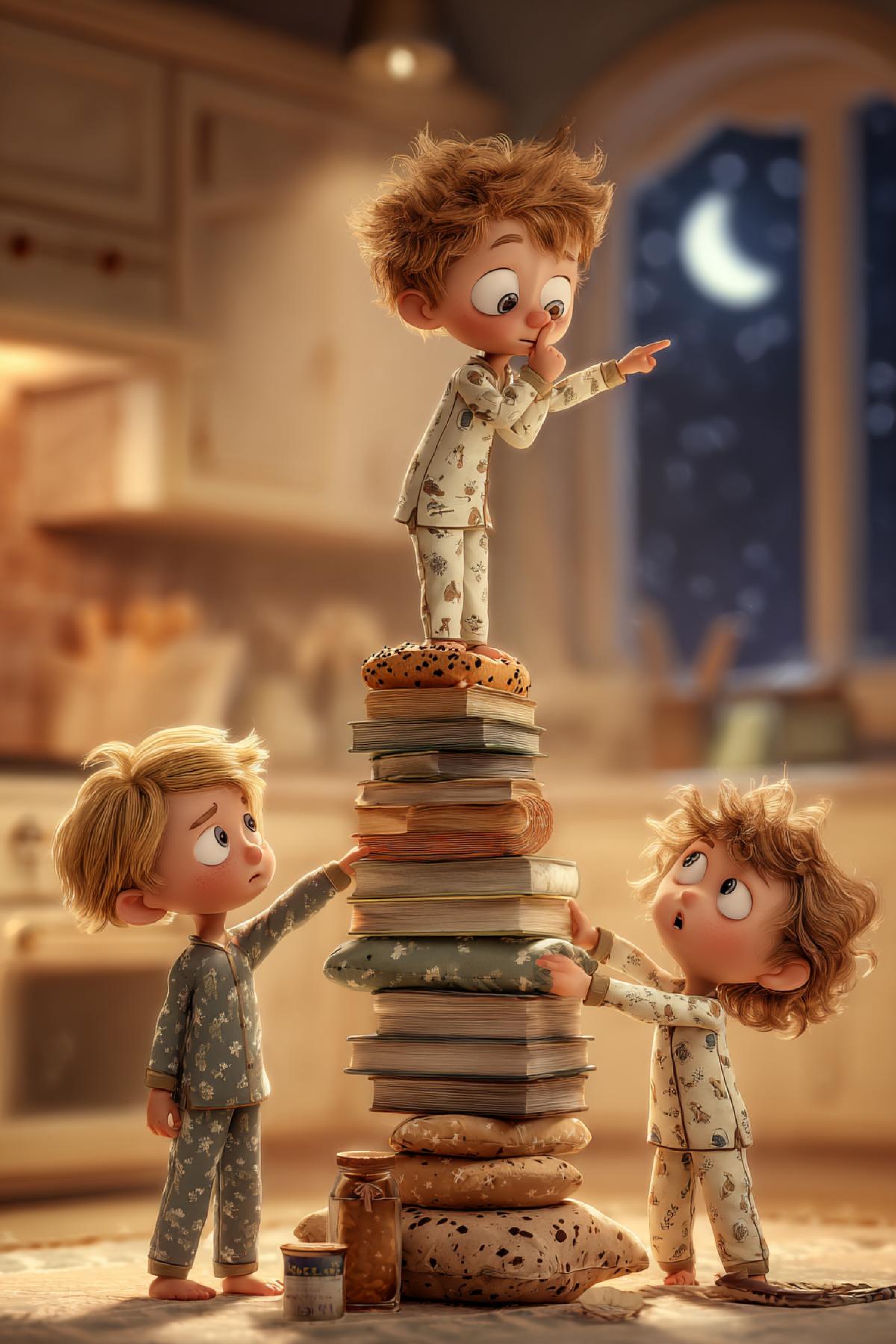 A hilarious and adorable scene of a secret kids community on a mission. Three toddlers in pajamas are building a precarious tower from books and cushions to reach a cookie jar on the top kitchen shelf. One is pointing with a very serious expression, another is shushing, the third is at the top, reaching for the jar. Moonlight filters through the window, casting long shadows. Style of a Pixar animation still, warm and soft lighting, sense of fun, mischief and silent concentration, detailed, 8k