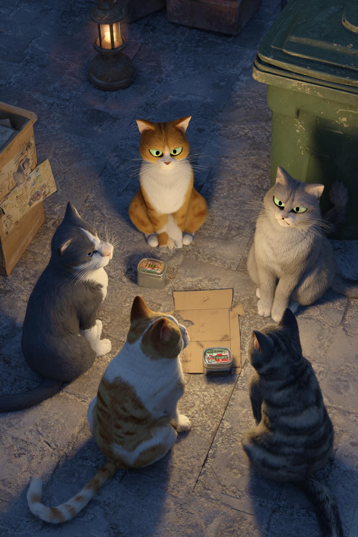 A secret meeting of a street cat community at night in a backyard near trash bins. A group of 5 cats of different breeds and colors gathered in a circle. In the center lies a opened can of sardines. They are listening attentively to the main ginger speaker cat, who is standing on a overturned cardboard box. One cat has a cunning squint, another washes his paw with feigned indifference, the third looks around警惕но. Moonlight and the light from a distant lantern illuminate the scene, creating dramatic shadows. Photorealistic, cinematic, sense of important negotiations and feline conspiracy, humorous, highly detailed, 8k
