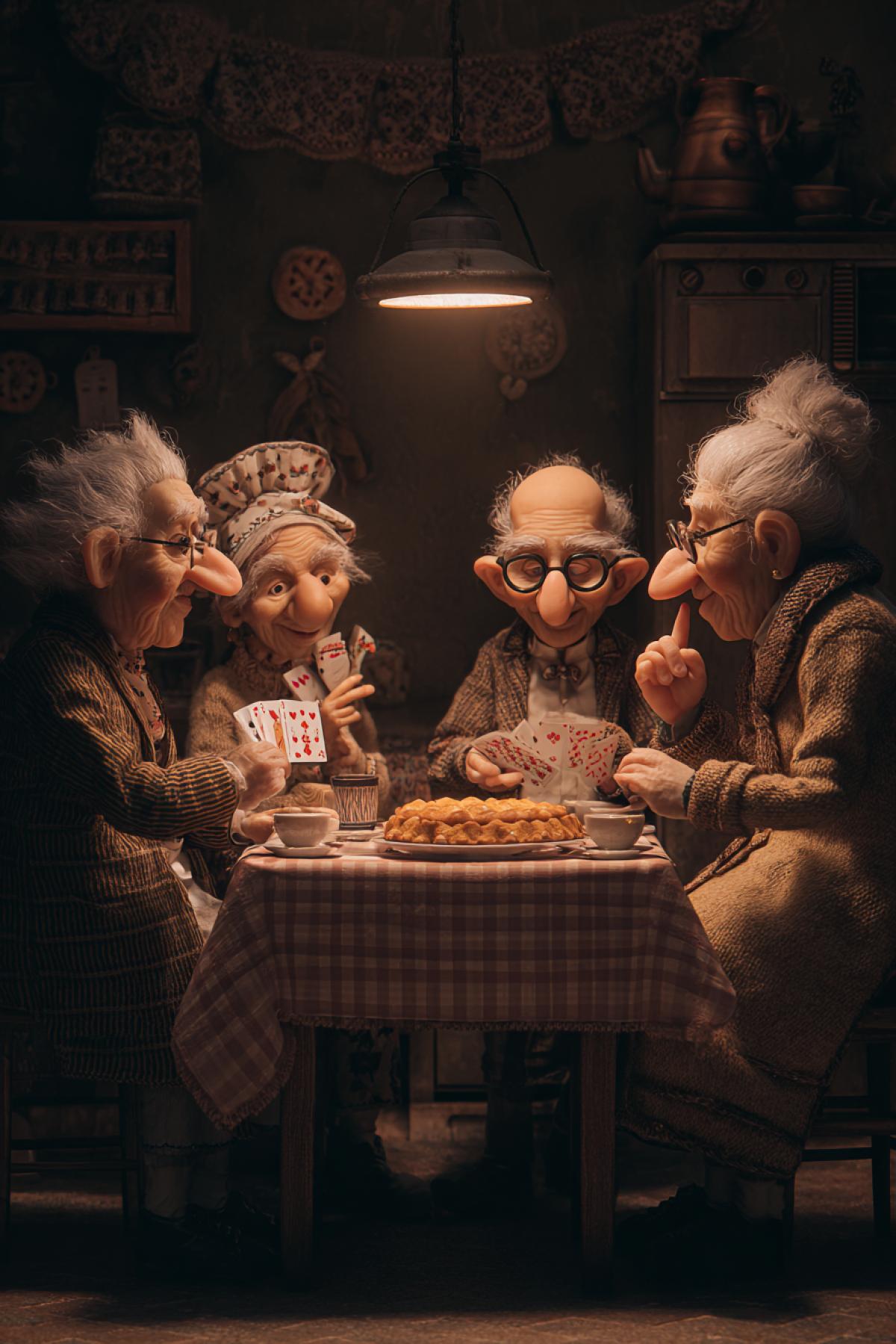A heartwarming and hilarious scene in a cozy, dimly lit kitchen at 2 AM. A secret society of 4 adorable grandpas and grandmas in pajamas and robes is gathered around the table, covered in a checkered tablecloth. On the table: a half-eaten forbidden apple pie, playing cards, and cups of tea. One grandpa is sneaking a big slice of pie with a mischievous grin, another is peeking over her cards with a cunning squint. They are all shushing each other with laughter. Photorealistic, cinematic lighting, warm atmosphere, sense of sweet conspiracy and joyful mischief, highly detailed, 8k
