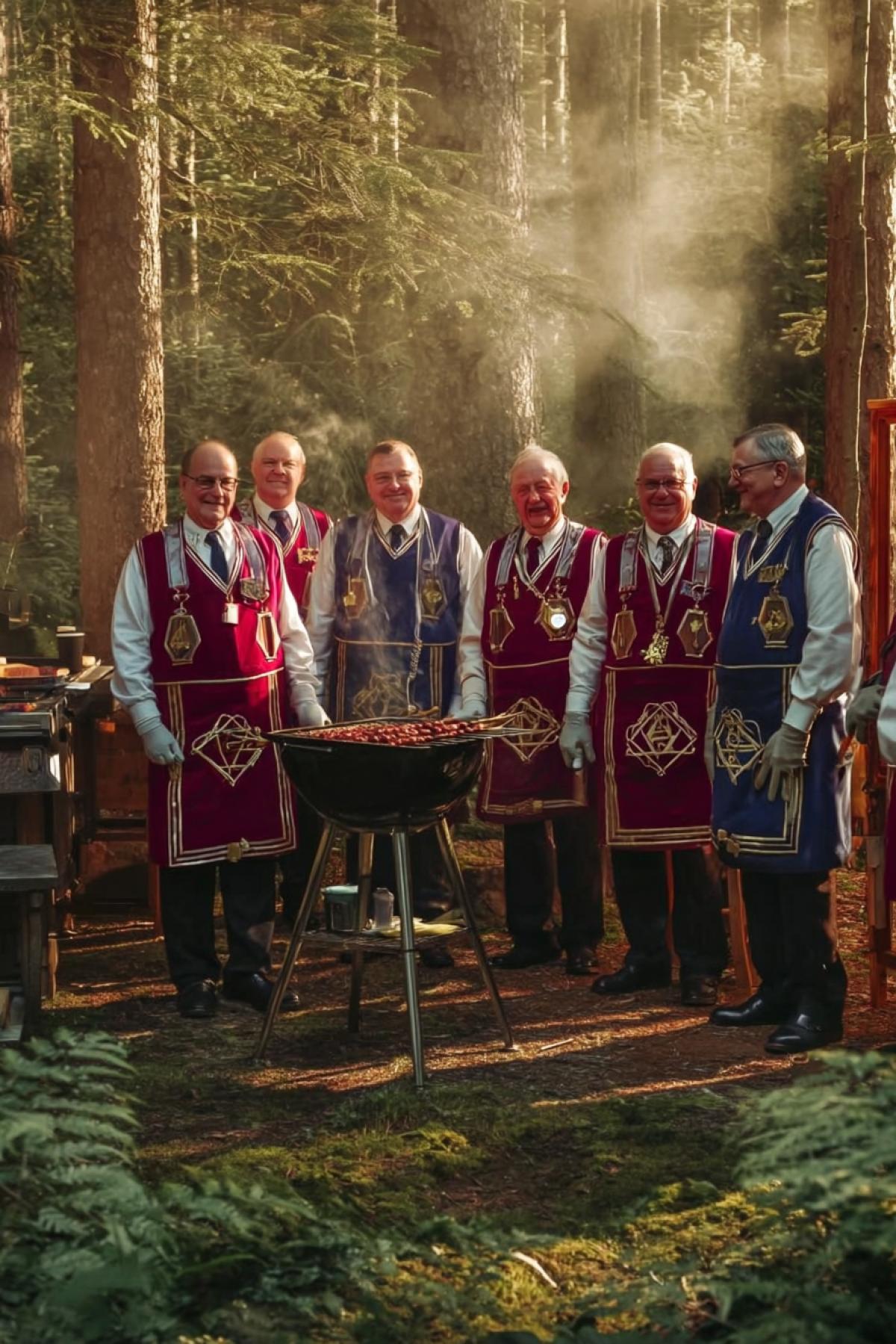 Men in full Masonic regalia (aprons with symbols, gloves, collars) standing around a barbecue grill in a peaceful forest clearing. They are casually preparing shashlik, laughing and chatting. Picnic atmosphere, warm sunlight, smoke from the grill, hyperrealistic, detailed embroidery on aprons, symbolic tools nearby. Unforced camaraderie, juxta4k of solemn symbols and mundane activity.