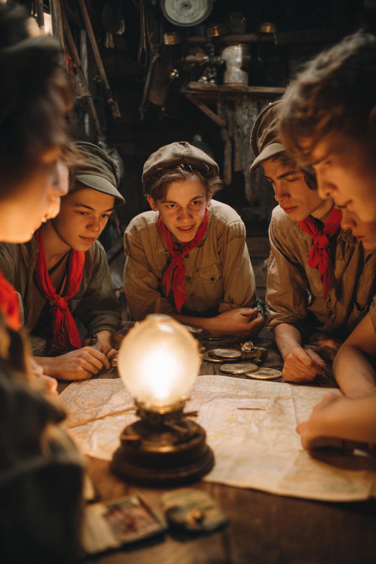 A secret society Timur and His Team gathering in a rustic Soviet-era attic. Teenagers in red pioneer neckerchiefs and simple 1940s clothing sit in a circle around a kerosene lamp, their faces filled with determination, excitement, and camaraderie. They are plotting a good deed, with maps and handwritten plans scattered around.