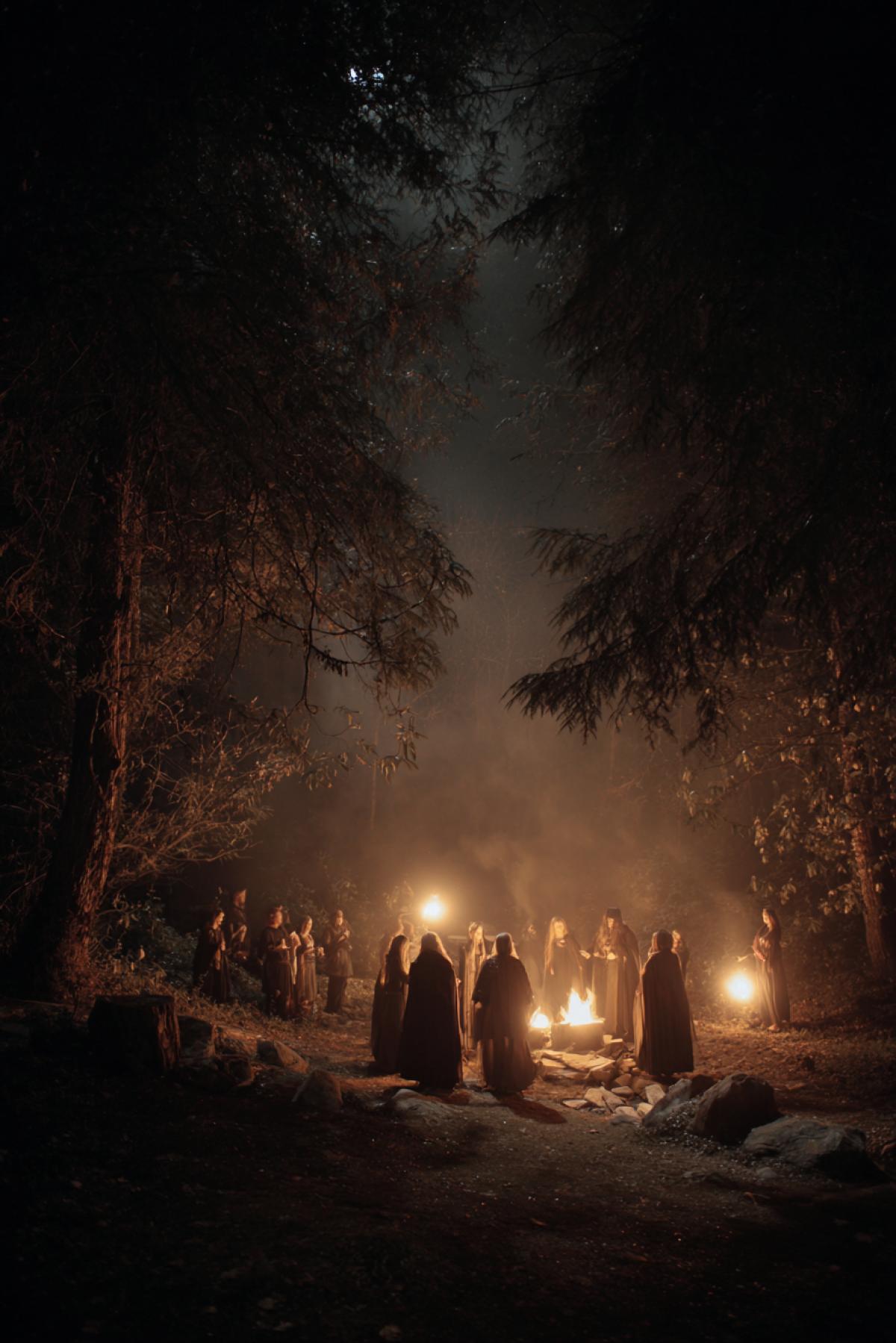 Secret place of meeting a gathering of witches conspirators in the moonlight
