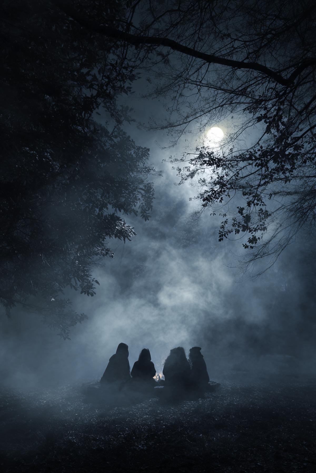 Secret place of meeting a gathering of witches conspirators in the moonlight