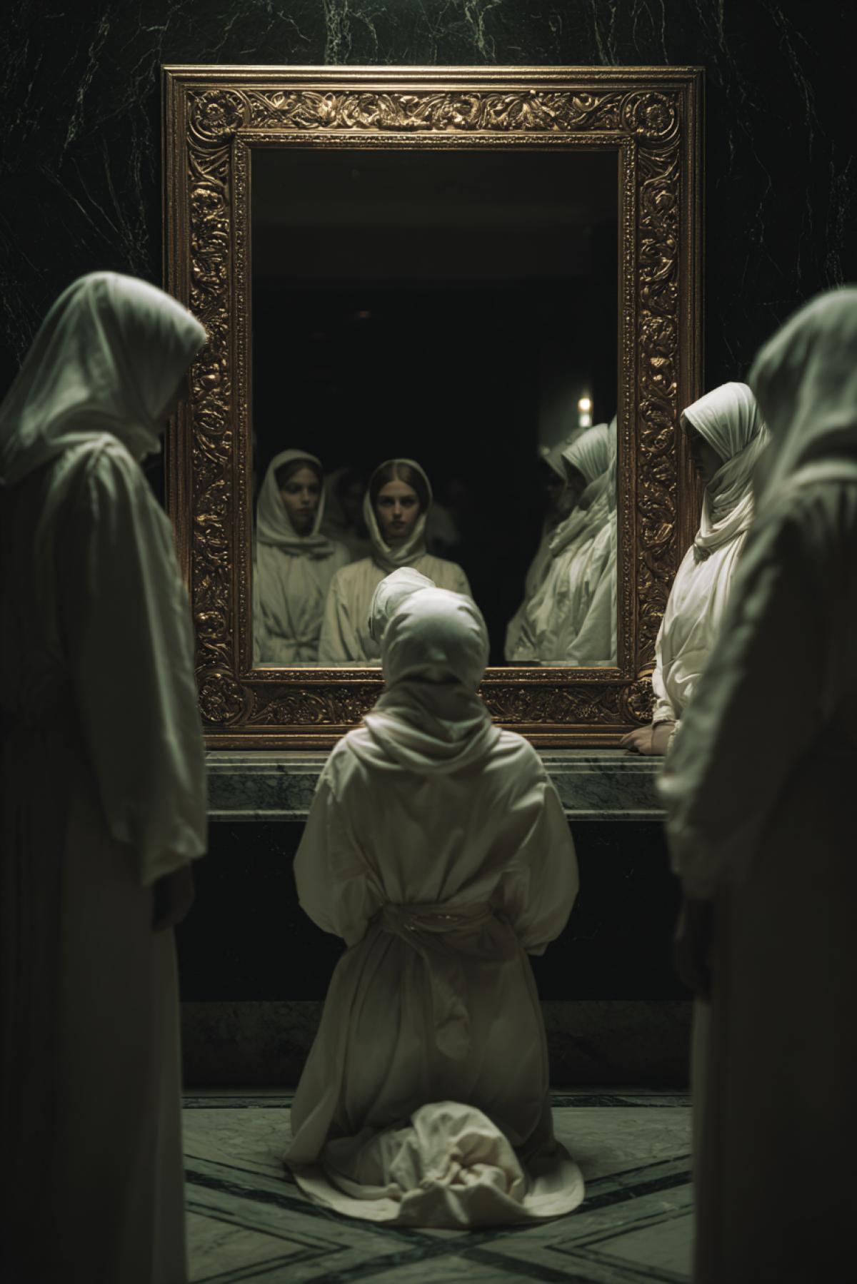 A scene in a hidden, opulent art deco sanctuary. A young woman kneels before a vast, ornate gilded mirror, her back to the viewer. Her reflection is not her own, but a perfected, ethereal version of herself with flawless features and a serene, otherworldly expression. Members of the secret beauty cult in identical, sculptural white silk hooded robes observe silently from the shadows. Their faces are hidden, emphasizing anonymity and collective identity. Dramatic chiaroscuro lighting, pools of light and deep shadow, hyperrealistic photography, marble textures, gold leaf details, sense of awe, silent ritual, and unnerving perfection. Shot on 35mm film