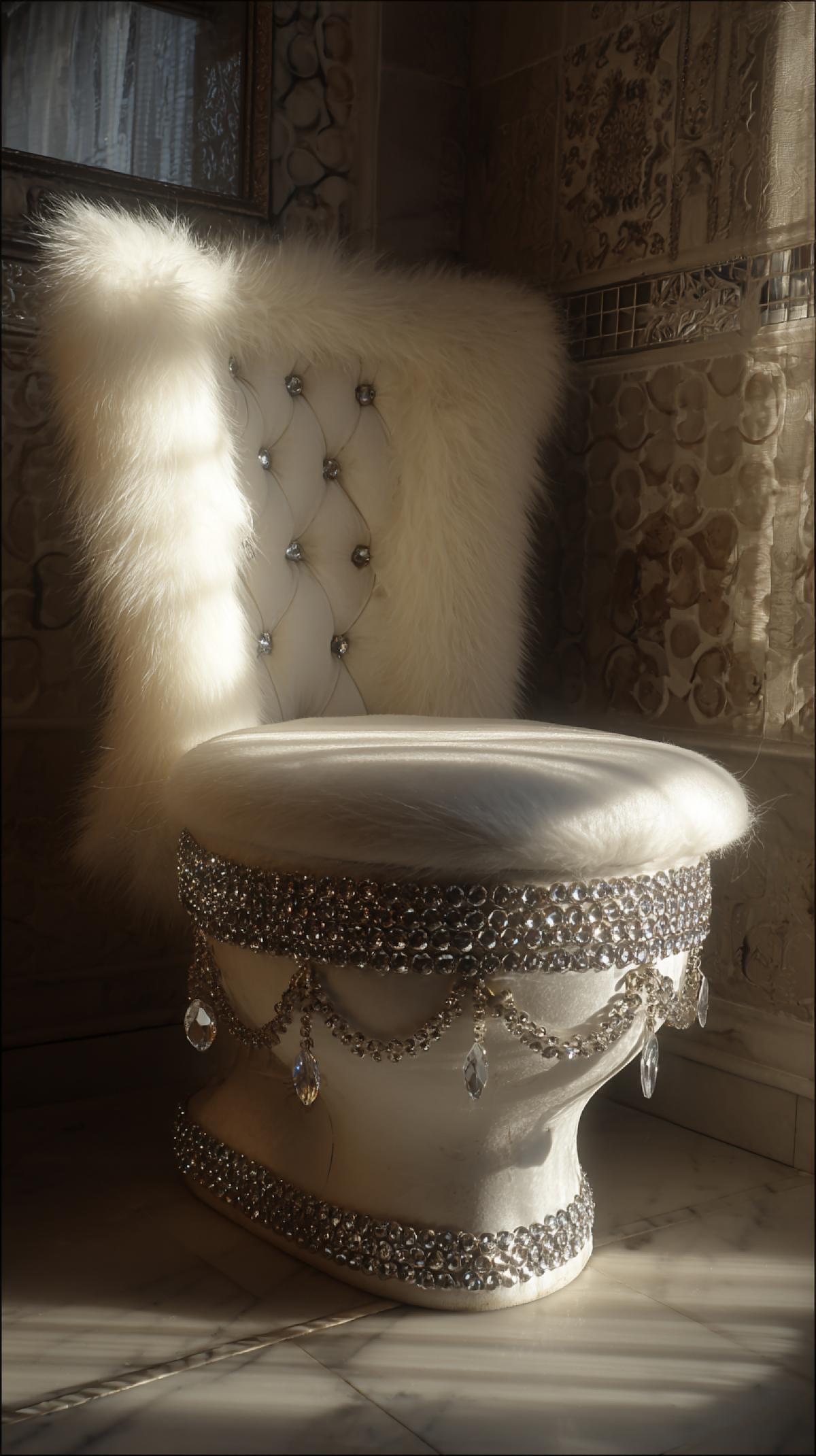 Beautiful vintage chair with fur trim and glamor rhinestones in the form of a toilet