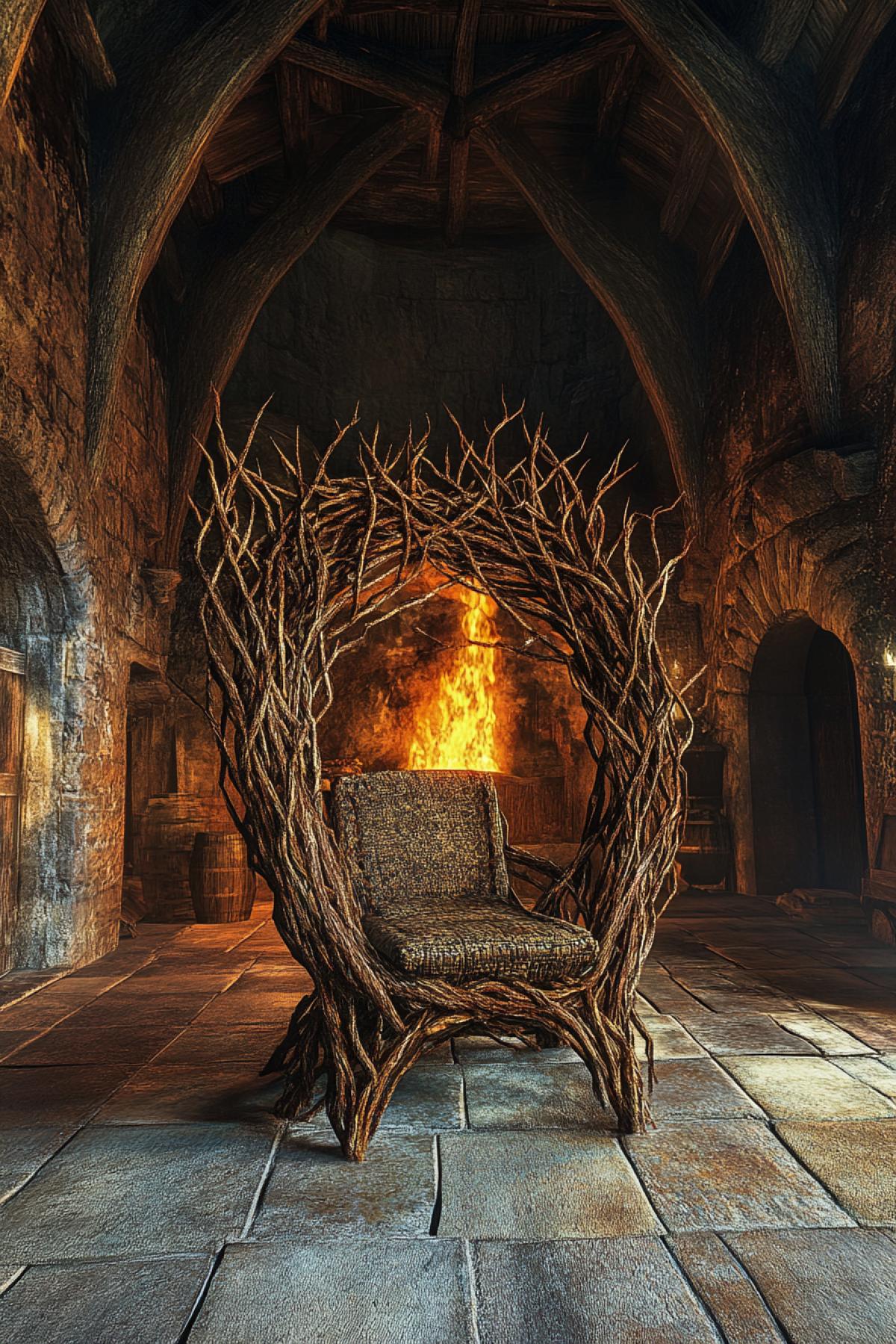 A chair woven from branches of a large tree stands in the center of the hall like a throne in a castle. Against the background of a fire