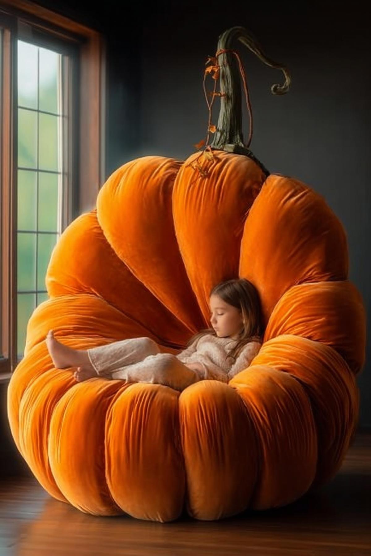 the chair is made of a big pumpkin, has a velvet texture, a girl in the chair, photorealism