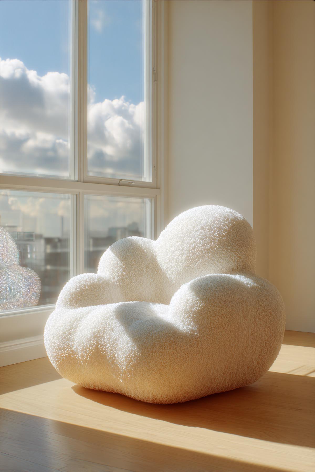 An adorable and dreamy armchair that looks like a solid, fluffy cumulus cloud. The material is an impossibly soft, textured white wool that seems to glow with internal light. The form is soft and rounded, inviting to sink into it. It is placed in a bright, sunlit room with sunbeams highlighting its ethereal fluffiness. Hyperrealistic, magical aesthetic, sense of ultimate comfort and weightless joy, clean Scandinavian design, sharp focus, high detail, 8k, trending on Arstation