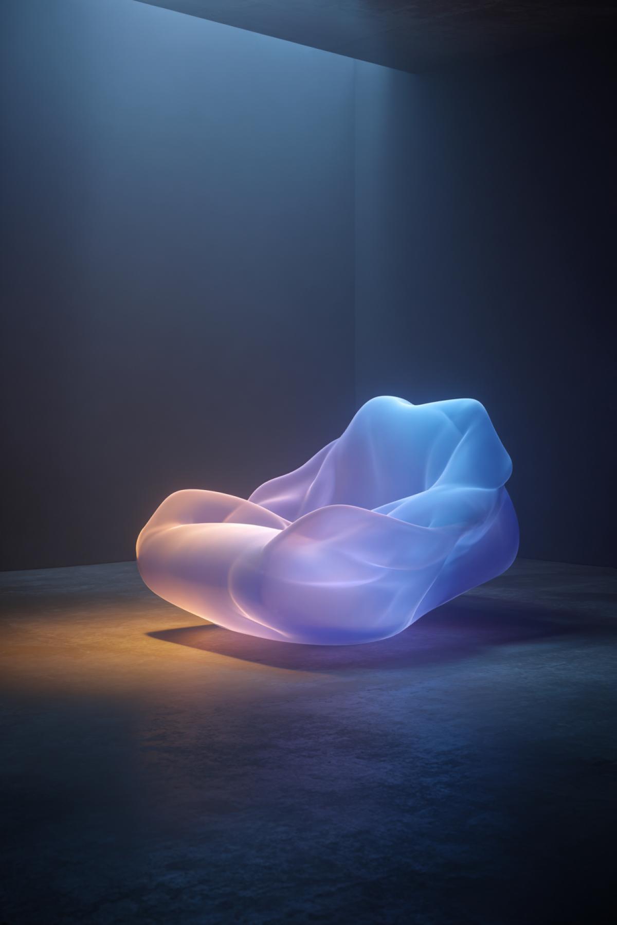 A conceptual armchair made of solidified calmness and light. The form is soft and flowing, resembling gently swirling liquid smoke or northern lights, frozen in time. The colors are a serene gradient of misty lavender, soft peach, and tranquil blue. The chair has no solid form, it is semi-transparent and emits a soft, soothing glow. It sits in a minimalist, dark room, emphasizing its ethereal beauty. Dreamlike atmosphere, hypnotic, sense of deep peace and weightlessness, hyperrealistic, 8k, masterpiece