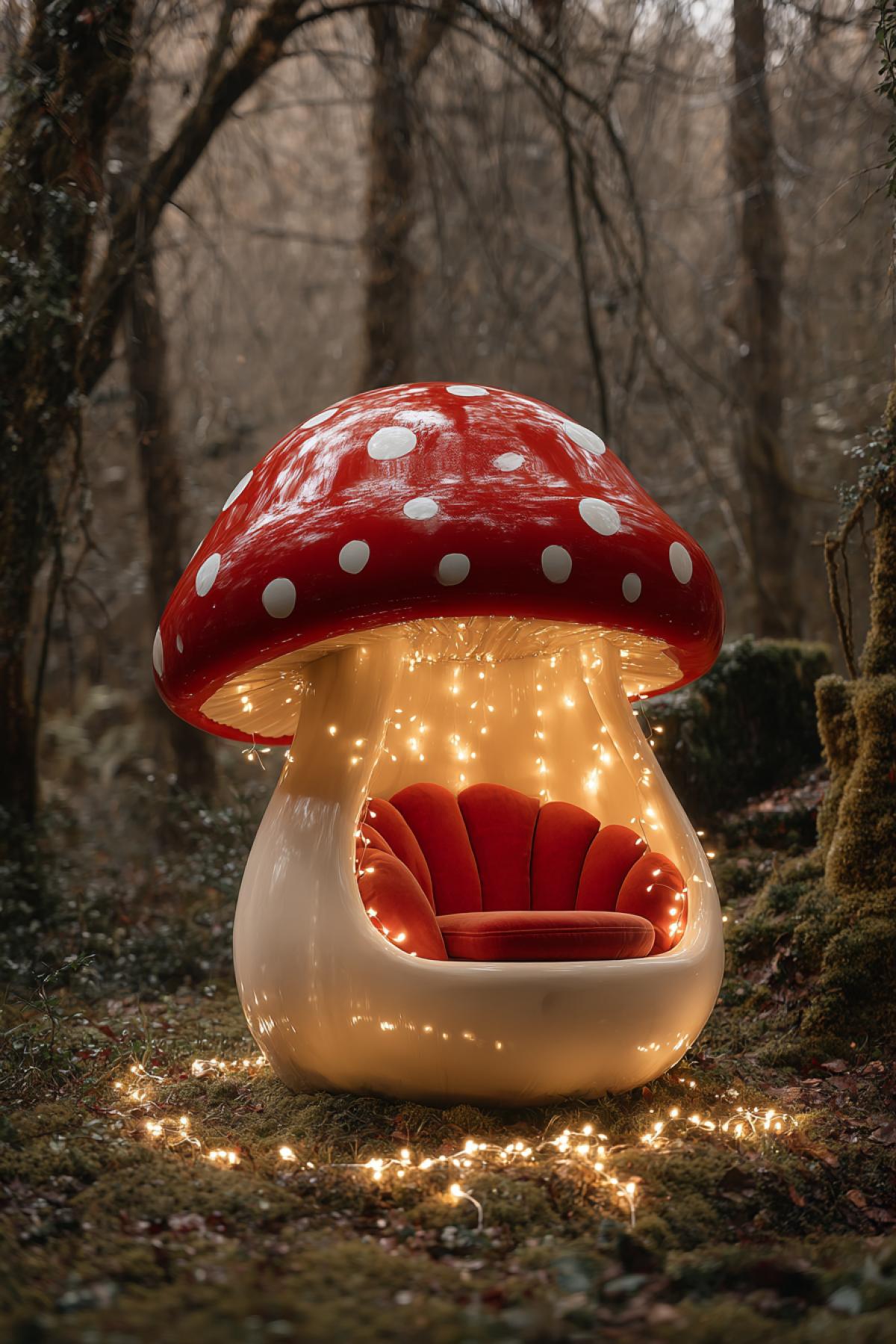 An enchanting magical armchair in the shape of a big Amantia Muscaria mushroom, fairy tale style. The cap is a vibrant, glossy red with delicate white polka dots, and the stem is a soft, creamy white. The seat is nestled in the curved part of the stem, looking incredibly cozy. The chair is glowing with a soft, warm light from within, and tiny fairy lights are scattered around it in a misty forest. Whimsical, dreamy, hyper-detailed, magical realism, safe for work, 8k, beautiful com4k
