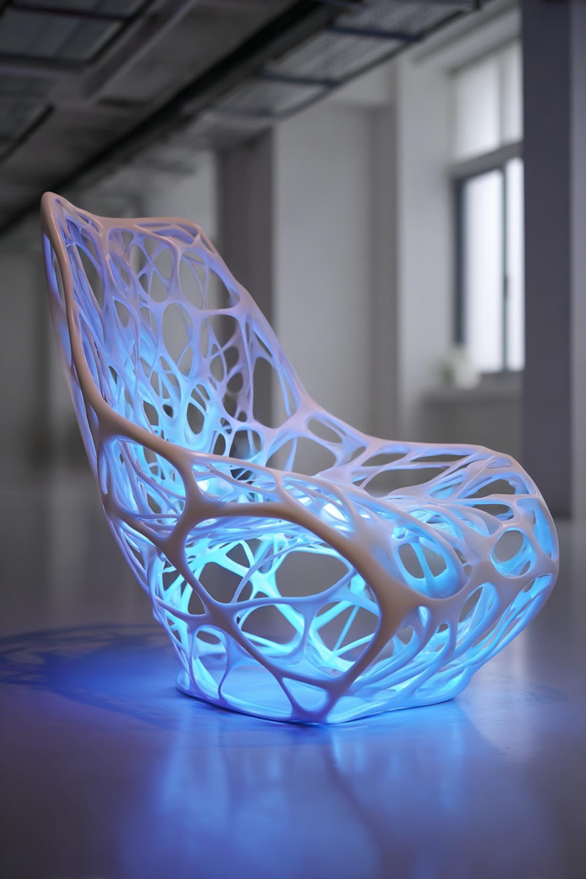 A beautiful and unusual biotech armchair inspired by the organic forms of mycelium and blooming flowers. The structure is an intricate, elegant network of glowing white fibrous strands that form a comfortable seat. Soft, pulsating blue light travels along the strands. The design is sleek, futuristic, and elegant, placed in a minimalist white studio. Biomechanics, organic design, sci-fi aesthetic, innovative, glowing details, hyperrealistic, 8k, masterpiece