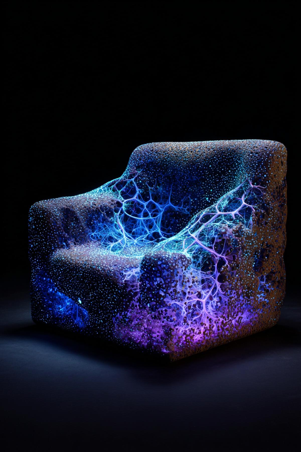 A breathtakingly beautiful armchair grown from a single, big bioluminescent mushroom. The seat is a soft, spongy cap with a gentle, glowing gradient from electric blue to deep violet. The base is a intricate network of glowing mycelium roots that pulse with a soft light. The scene is in a dark, enchanted forest, with tiny glowing spores floating in the air around it. Hyperrealistic, macro photography, ethereal glow, magical realism, sense of wonder and tranquility, 32k, masterpiece, sharp focus
