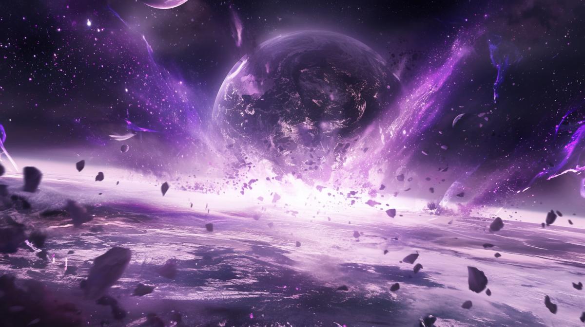 Millions of purple stars fall from heaven into purple earth and rattle humanity