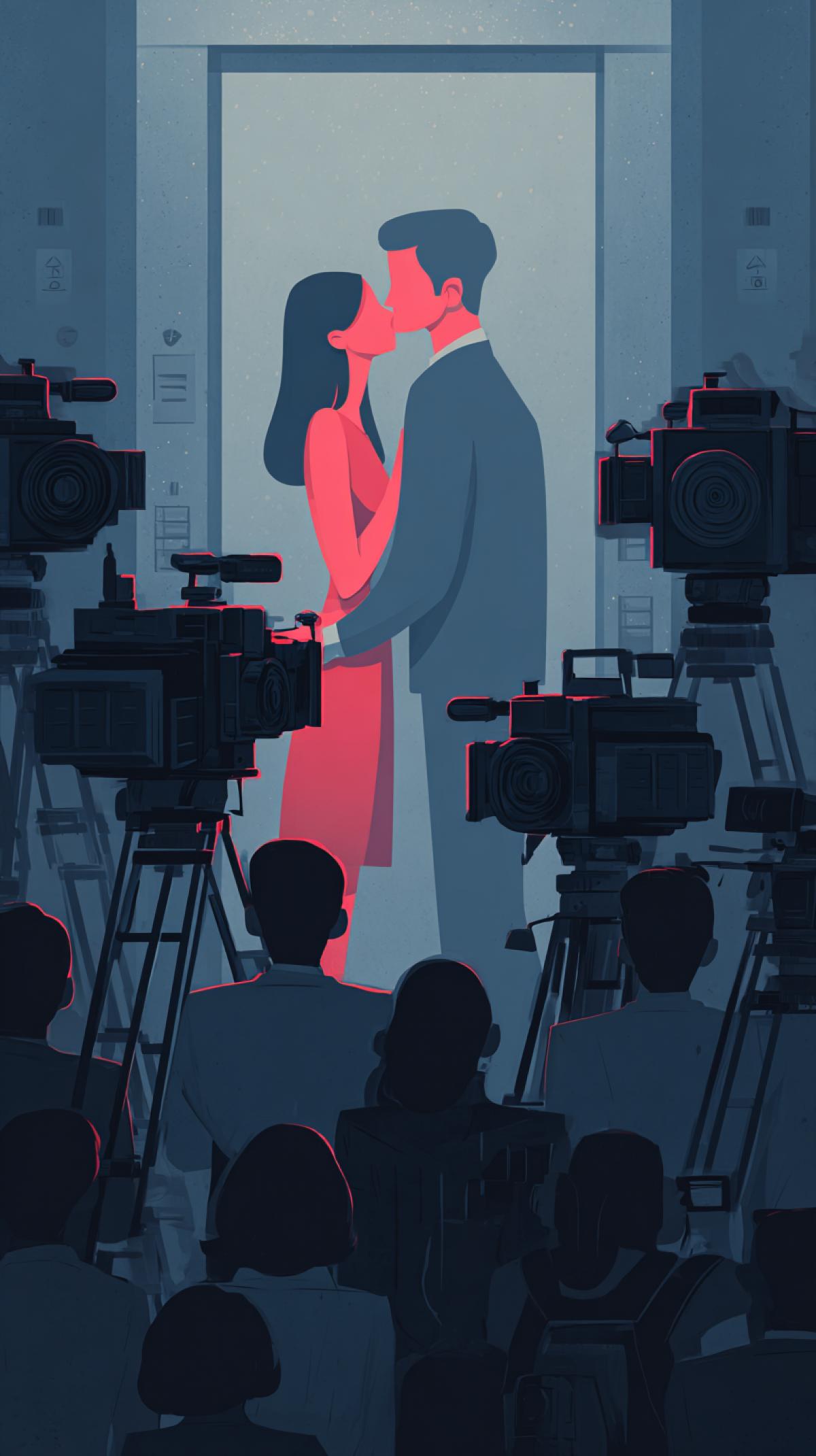 Type of video cameras from the side, a couple in love in the elevator, the camera takes off a couple of lovers, caricature