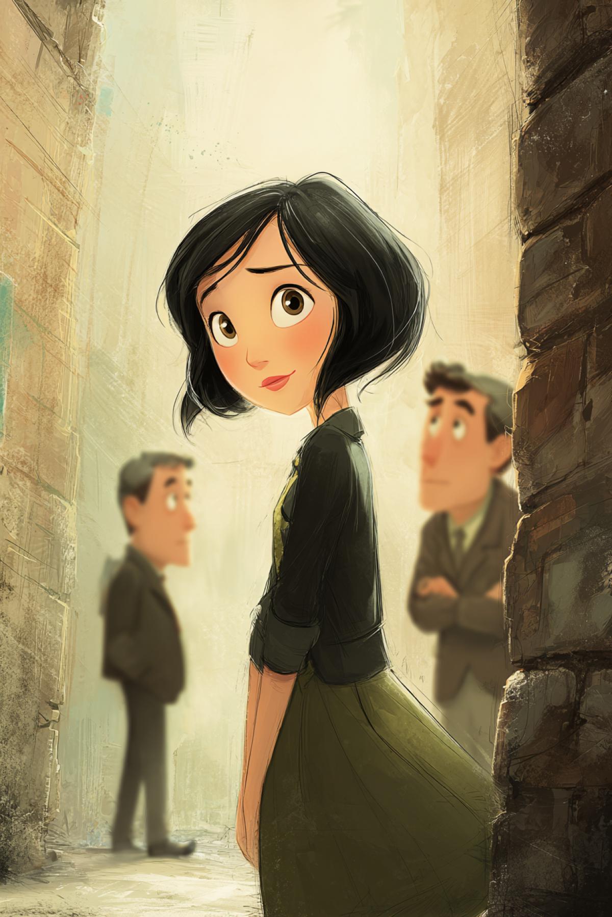 Cartoon spies watch a beautiful girl walking around from around the corners.