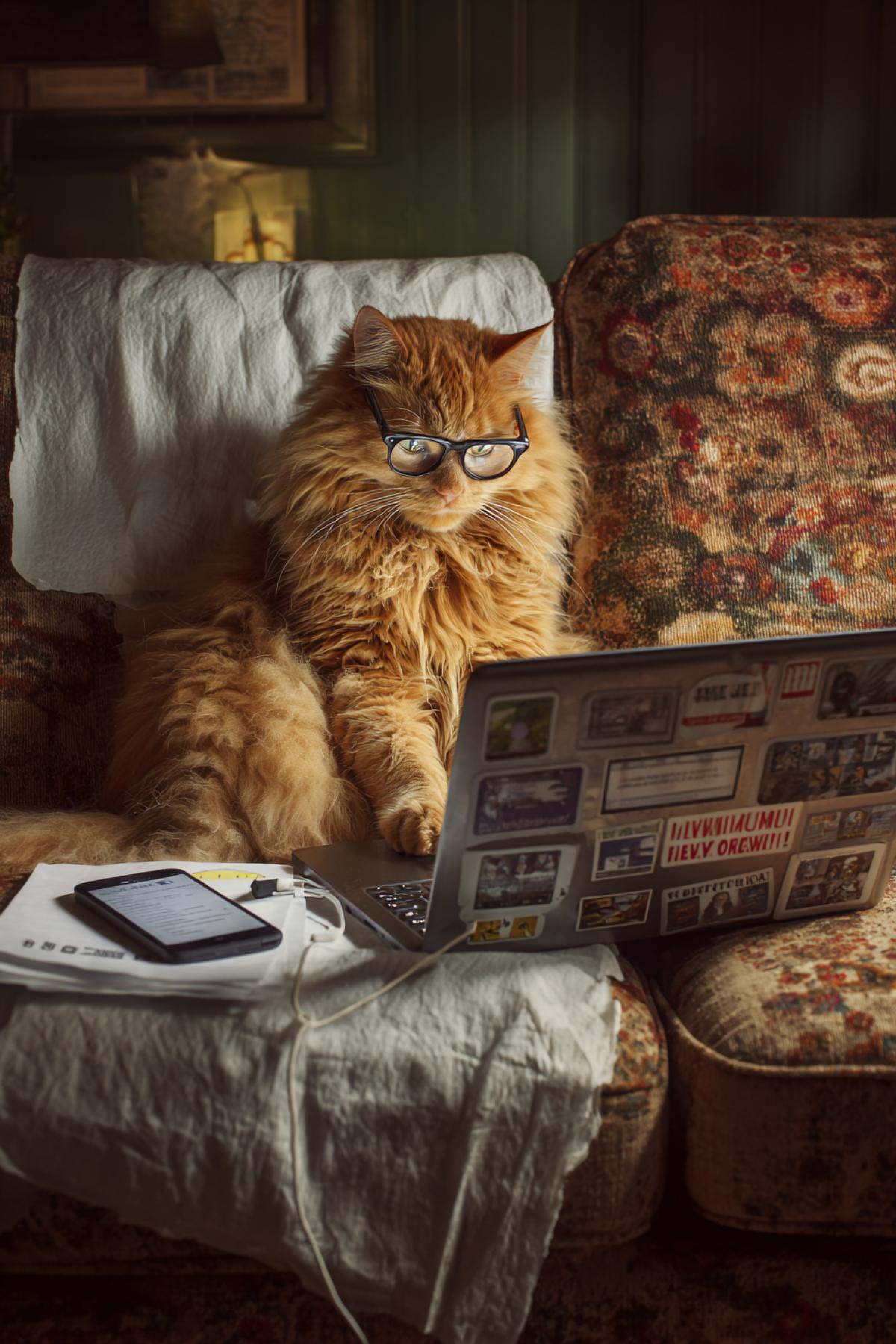 A fluffy ginger cat wearing a tiny dark spy earpiece, sitting on a couch and typing on a laptop covered in \"I ♥ My Human\" stickers. The laptop screen shows dozens of camera feeds from around the house. On the floor, a smartphone displays a notification \"Your Toilet Paper Usage is 15% Below Average\". Hyper-realistic, comedic satire, detailed interior, cinematic lighting, funny, whimsical