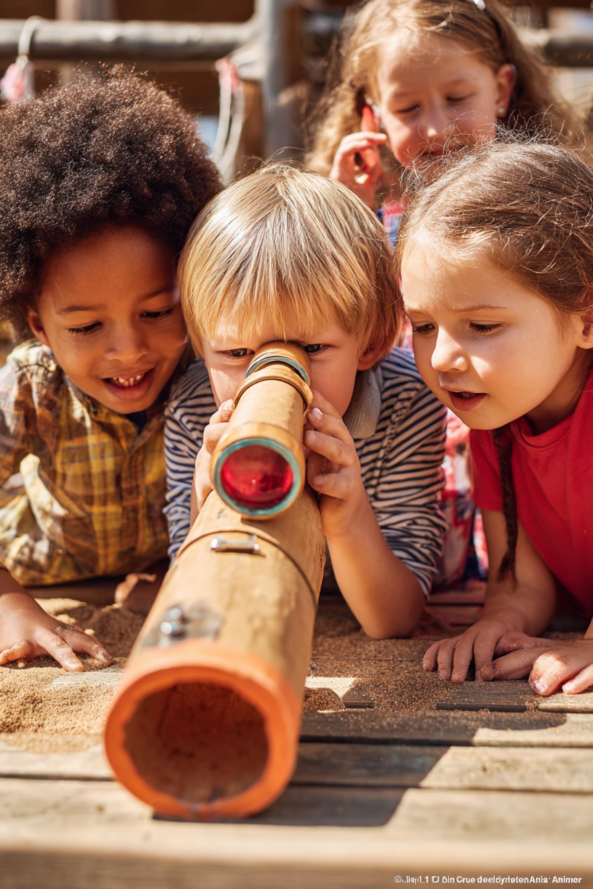 A group of happy diverse children of 6-7 years old on a playground, playing \"spy\" with their toys. One looks through a colorful cardboard periscope, another \"listens\" with a paper cup phone, a third \"tracks footprints\" in the sandbox. But unnoticed by them, their love toys are magically transforming: the periscope lens glows with real red light, the paper cup has a complex miniature antenna, and the footprints in the sand emit soft digital grid lines. Photorealistic, style of a modern family movie, warm sunny light, contrast between naive childhood and subtle tech