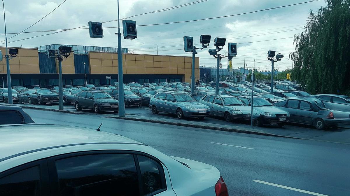 Universal surveillance, on the background spies, a lot of video surveillance cameras, even cars look gray, suspicious and equipped with hidden cameras in the middle ground