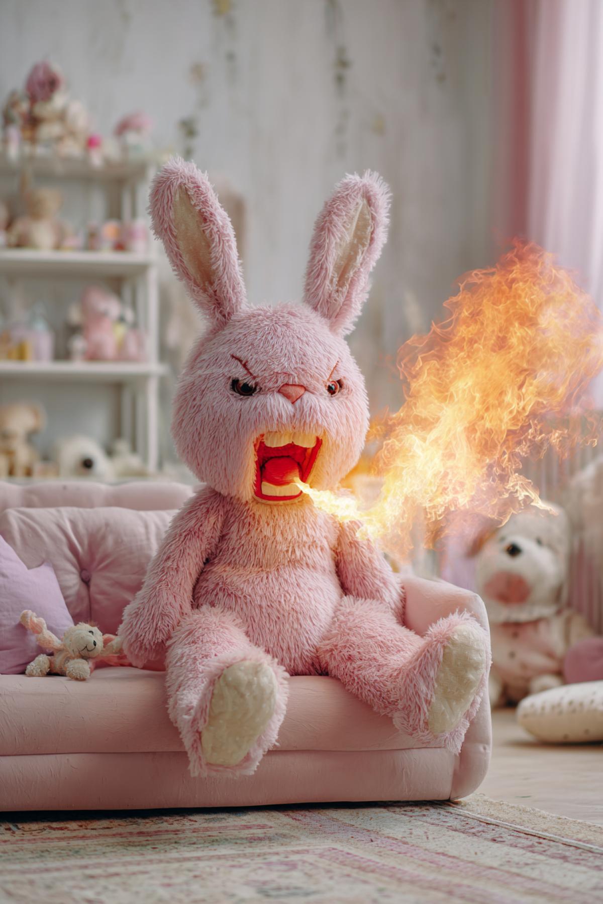 cute pink plush rabbit with fire coming out of its mouth, fire-breathing rabbit, very angry at the child, hare angry at the child, on the couch in the childrens room, full-length photo