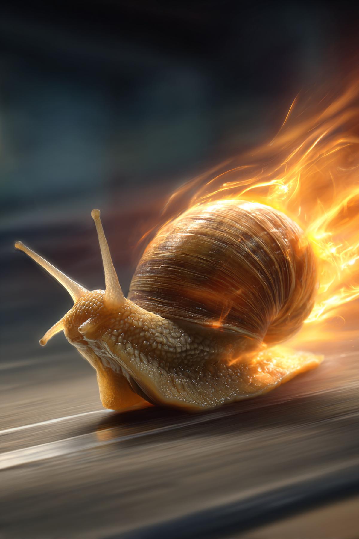 a snail is a rally driver on a track, and a flame of ozone oxide bursts out of the back, giving it acceleration, an acceleration effect on the frame, a sense of speed, and a side-on view
