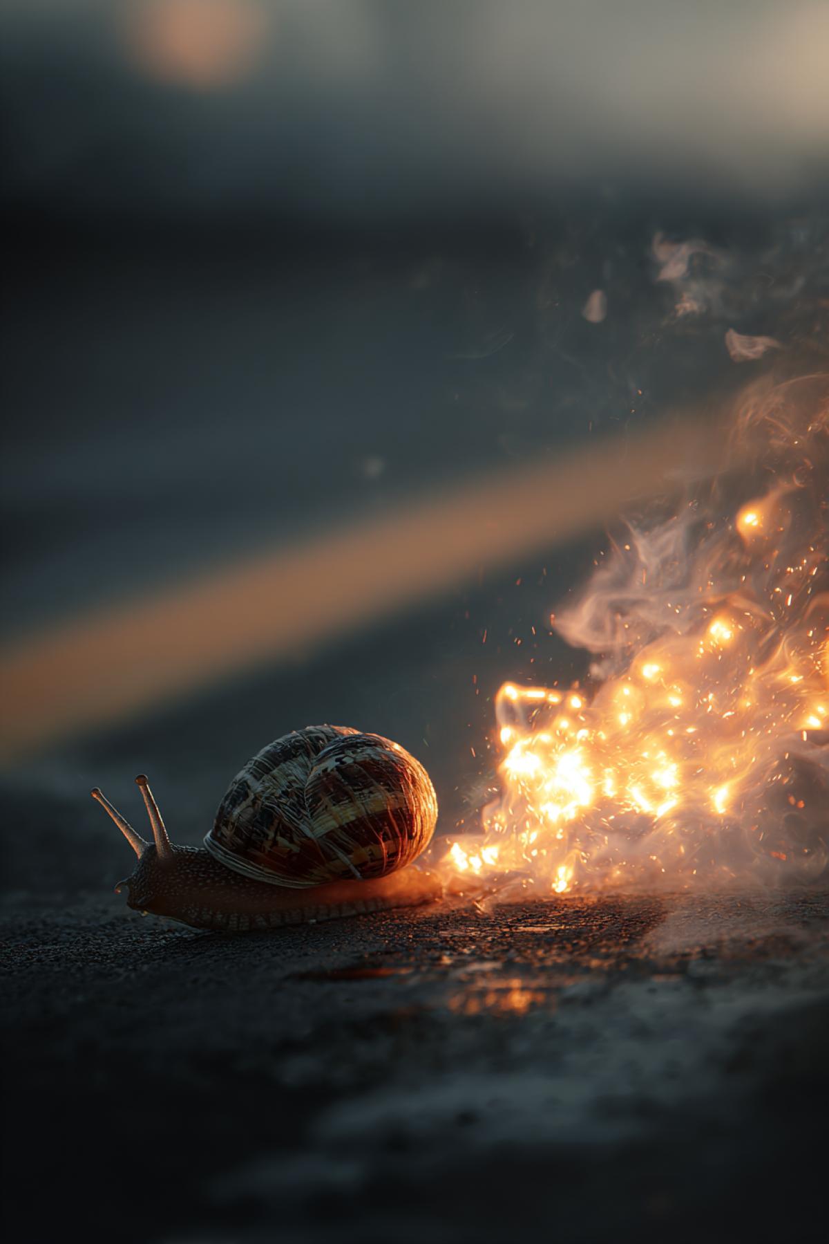 a snail is a rally driver on a track, and a flame of ozone oxide bursts out of the back, giving it acceleration, an acceleration effect on the frame, a sense of speed, and a side-on view