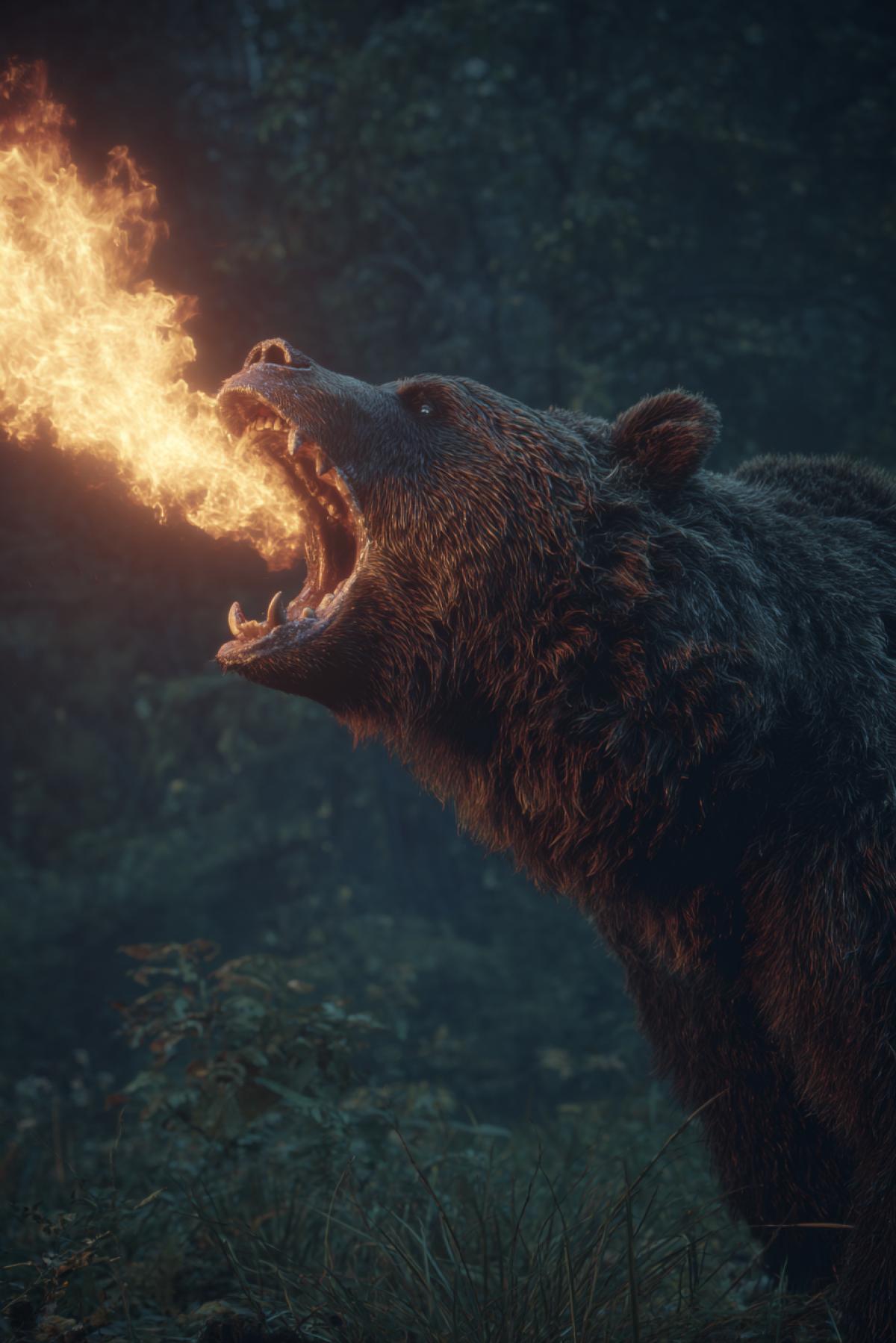 a fierce bear in the taiga, fire spewing from its mouth, a fire-breathing bear, fantasy, cinematic shot