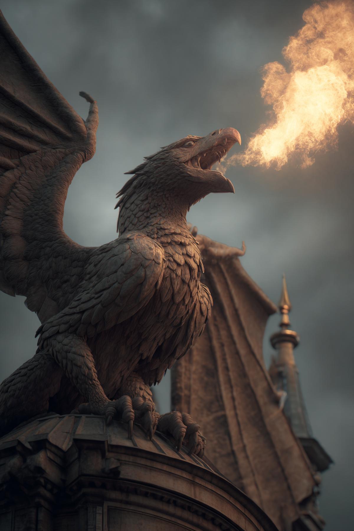 a griffin on the roof of a castle, fire spewing from its mouth, a fire-breathing griffin, full-length, fantasy, cinematic shot