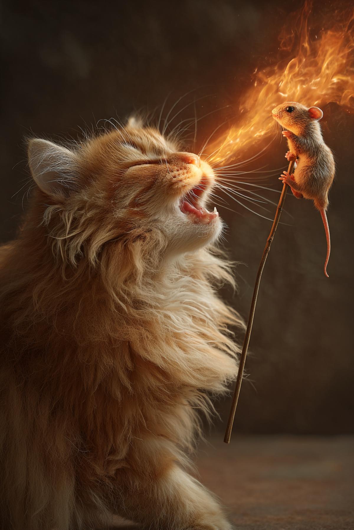A fluffy ginger cat holding a long skewer with a mouse impaled on it. The cat is exhaling a powerful stream of bright orange fire, focusing on roasting the mouse.