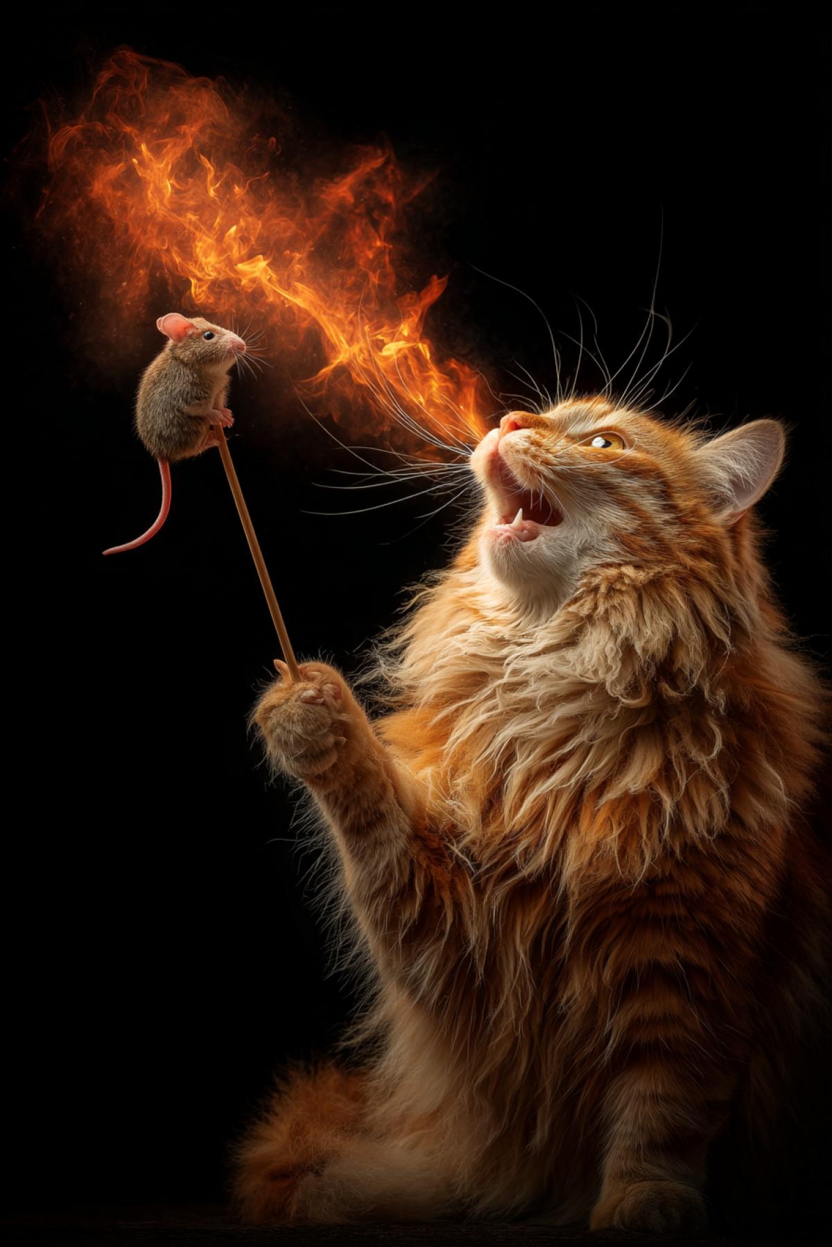 A fluffy ginger cat holding a long skewer with a mouse impaled on it. The cat is exhaling a powerful stream of bright orange fire, focusing on roasting the mouse.