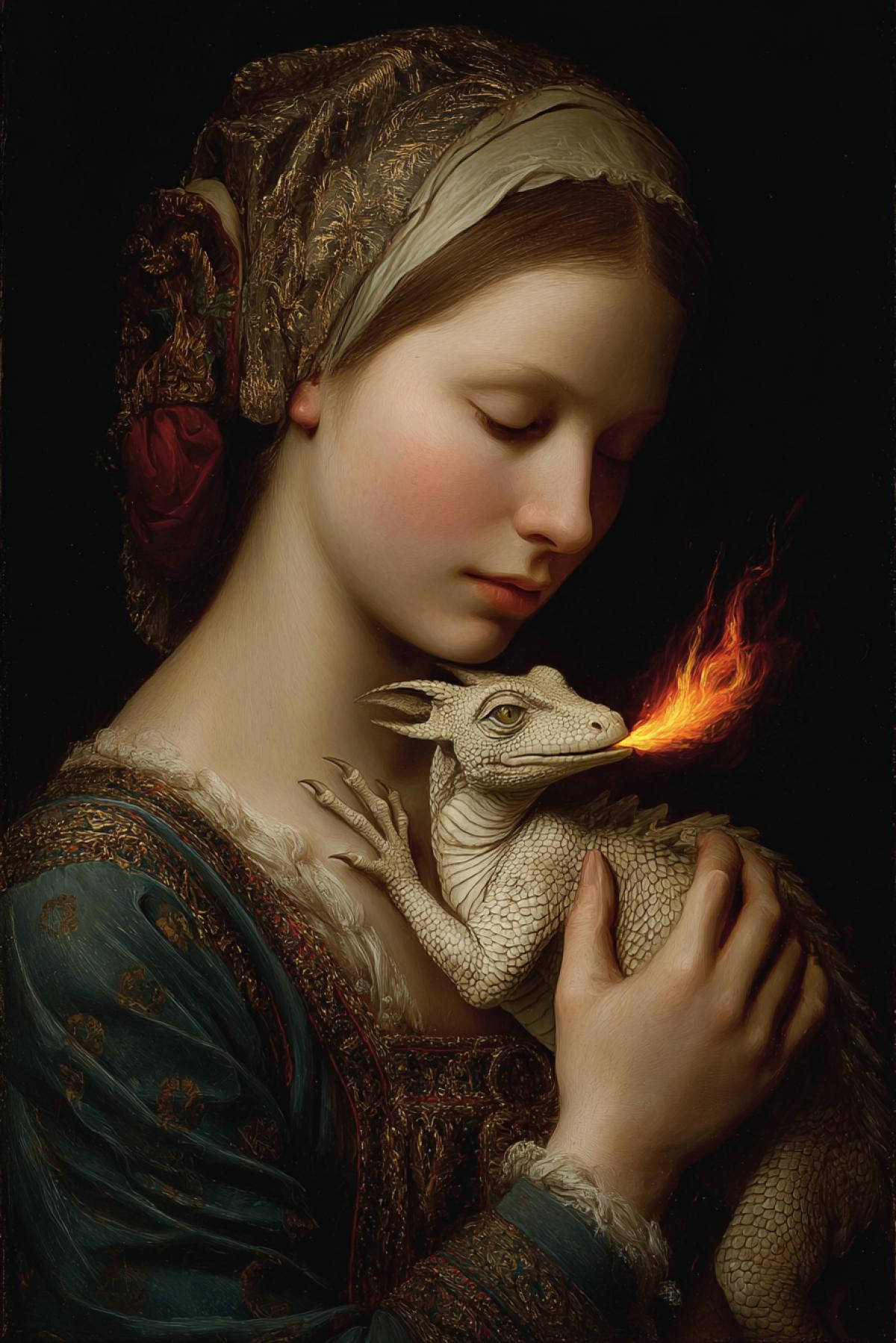 Leonardos Dama con lermellino holding in her arms small fire-breathing dragon with mighty fire flames out of dragons mouth Leonardos art