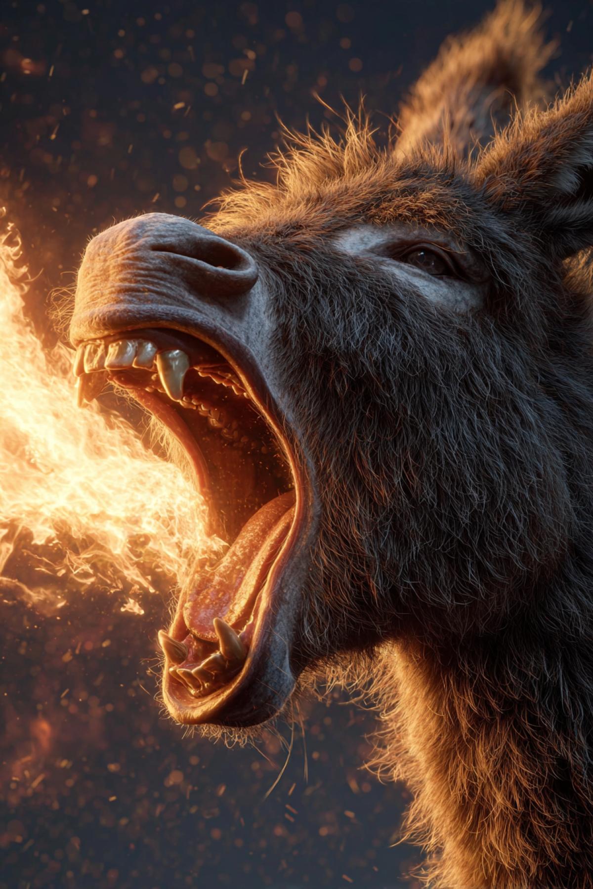 An enraged donkey unleashing a powerful torrent of flame from its wide-open mouth. Hyperrealistic, dynamic lighting, detailed fur, intense fire, fantasy, 8k.