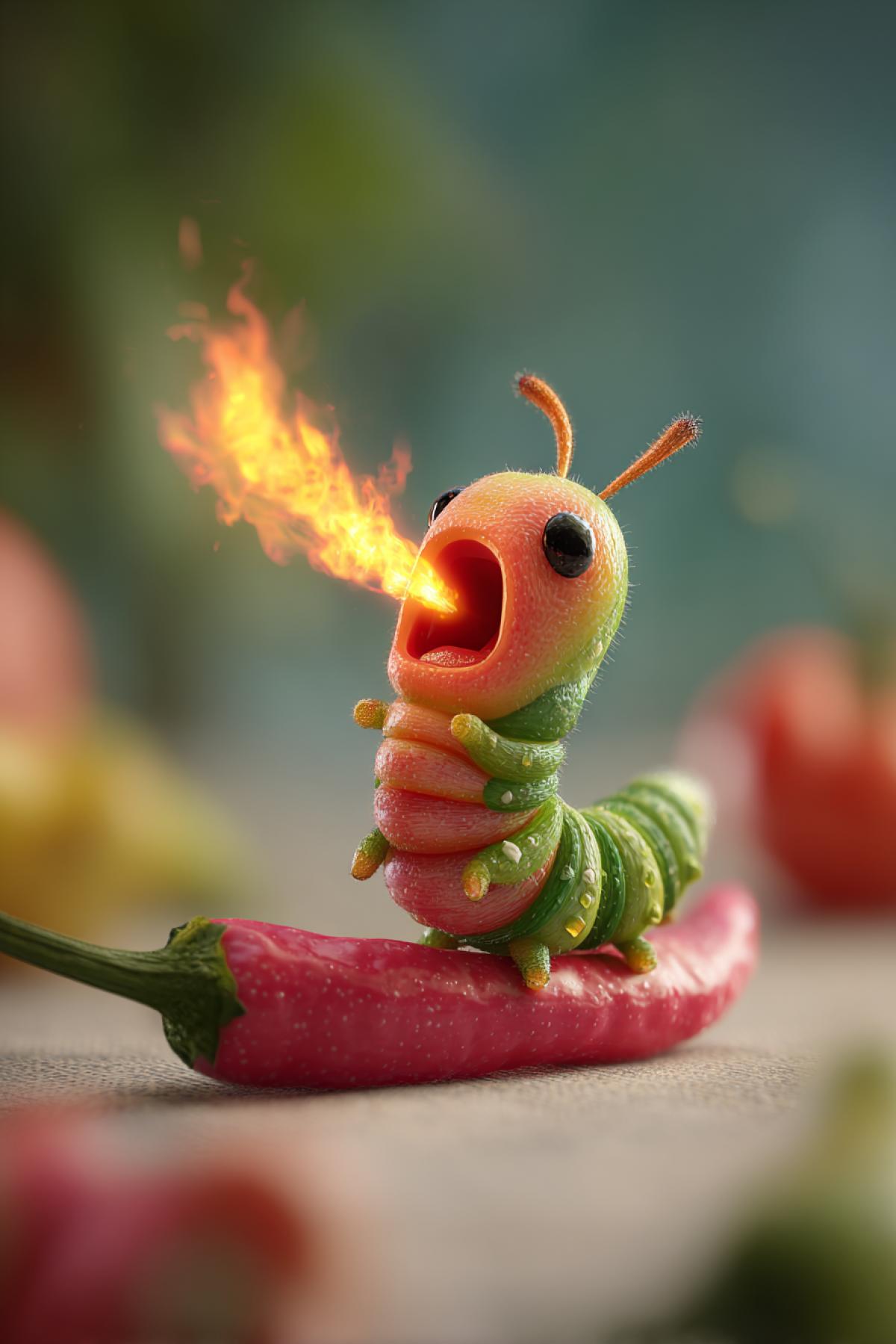 Pixar 3D animation style, a very cute cartoon caterpillar breathing fire from its mouth, sitting on a sharp chili pepper. Bitten peppers visible nearby. Macro photography, shallow depth of field, hyperrealistic, 8k, fantasy, vibrant colors.