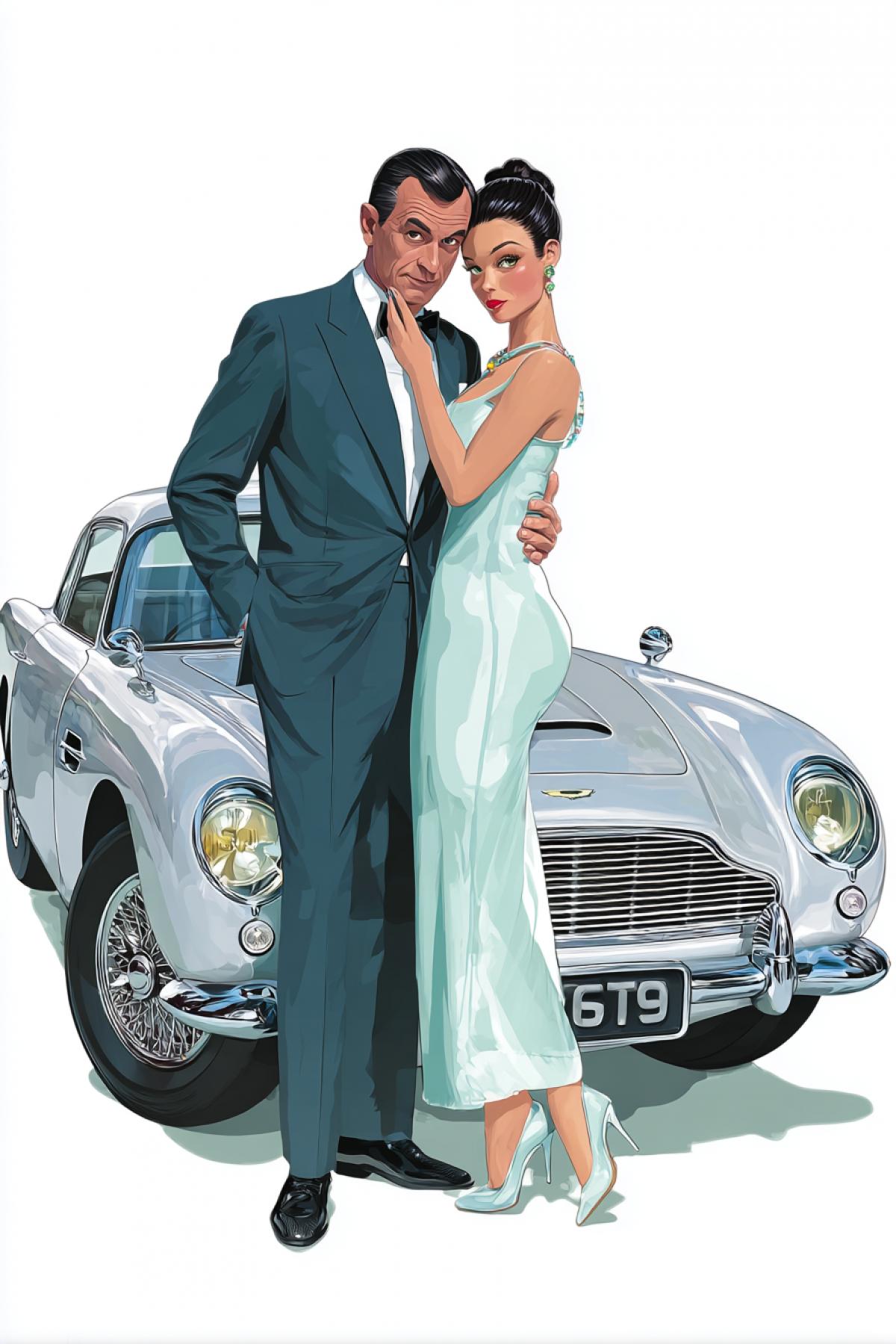 Cartoon Sean Connery as James Bond 007 standing near his Aston Martin roadster with the most beautiful 23yo lady elegant dress high heels love tender touches 3d DisneyPixar illustration
