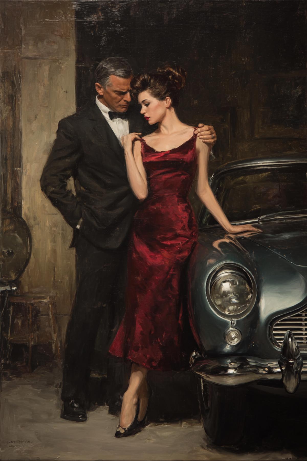 Sean Connery as James Bond 007 standing near his Aston Martin roadster with the most beautiful 23yo lady elegant dress high heels love tender touches canvas oil Leonardos Caravaggios art