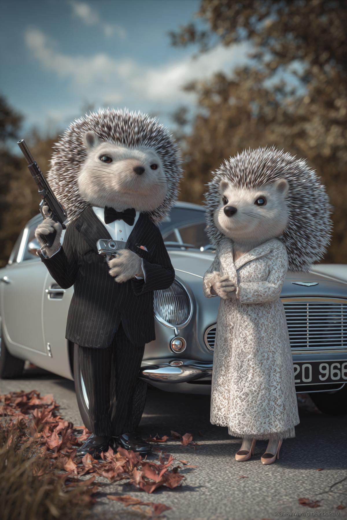 Dangerous and armed animated hedgehog as the 007 agent James Bond with a gun near his Aston Martin car with female hedgehog wearing elegant dress love tender touches Pixar 3d illustration