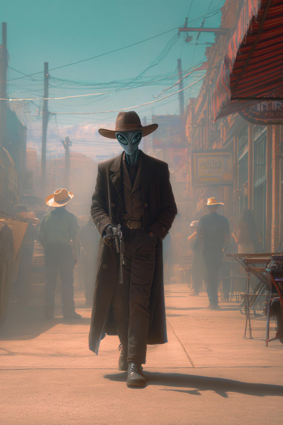 Secret agent of an alien in a cinematographic scene in the urban environment among cowboys